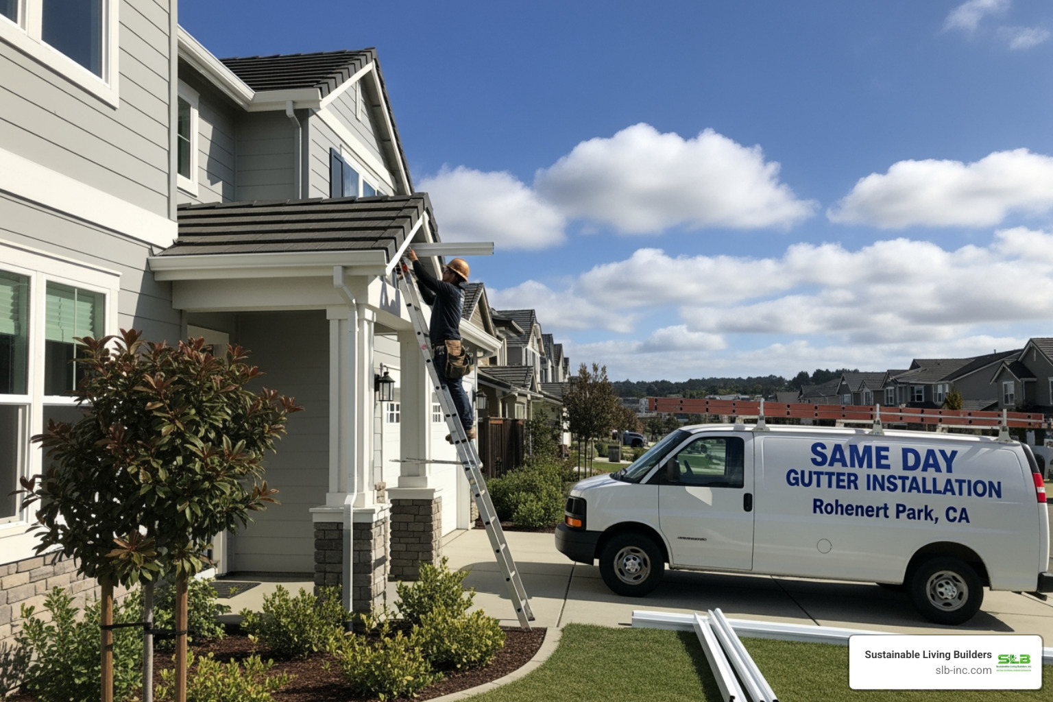 Infographic showing the emergency gutter installation timeline: 1) Emergency call placed within minutes of damage discovery, 2) On-site assessment within 1-2 hours, 3) Crew dispatched with mobile fabrication equipment, 4) Custom gutters fabricated and installed in 4-6 hours, 5) Final inspection and cleanup, 6) Home protected before next rainfall - same day gutter installation in rohnert park, ca