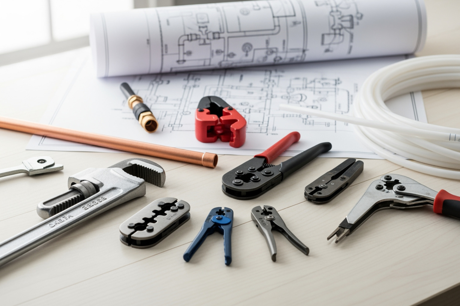 Table with plumbing blueprints, plumbing tools, and piping. Indicating a lot goes intoPlumber Certification Requirements