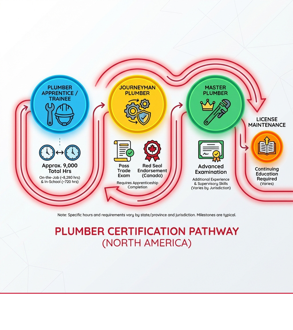 Infographic showing the certification pathway from plumber trainee/apprentice through journeyman plumber to master plumber, including typical hour requirements at each stage, key milestones like passing trade exams and Red Seal endorsement, and continuing education requirements for license maintenance - Plumber Certification Requirements infographic 