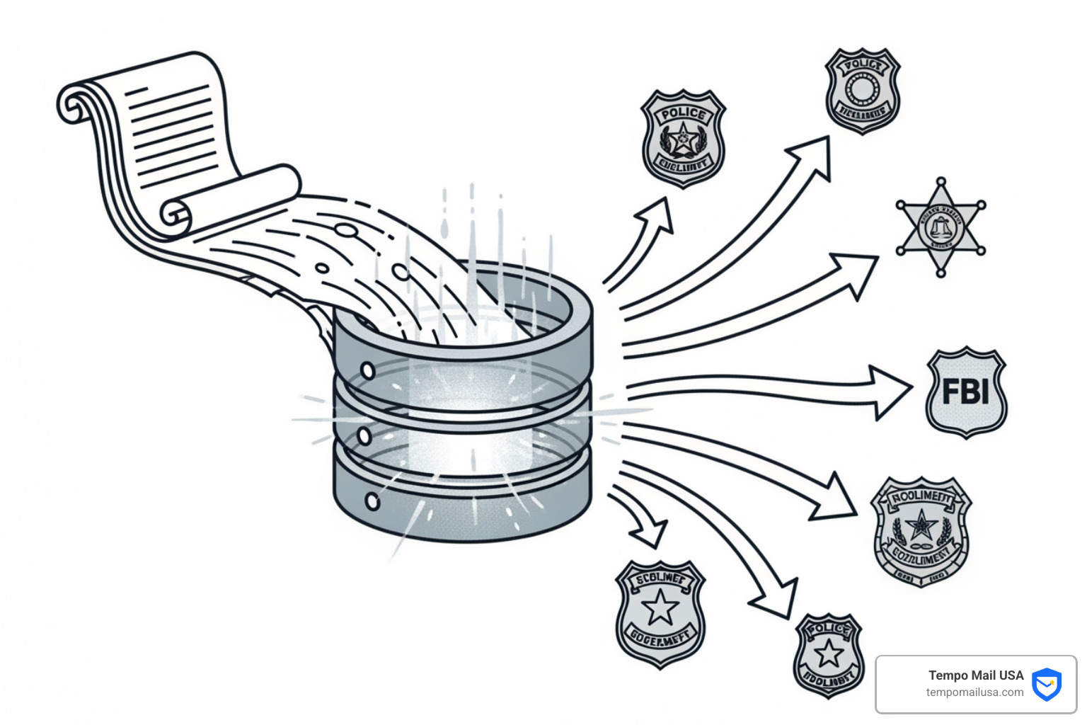 graphic showing a report going into a database and being shared with law enforcement agencies - report fraud ftc.gov