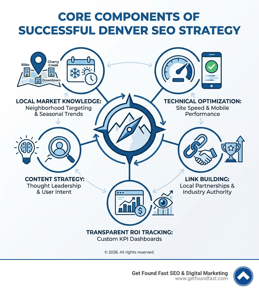 Infographic showing the core components of successful Denver SEO strategy: local market knowledge including neighborhood targeting and seasonal trends, technical optimization covering site speed and mobile performance, content strategy focused on thought leadership and user intent, link building through local partnerships and industry authority, and transparent ROI tracking with custom KPI dashboards - top rated seo services in denver infographic 