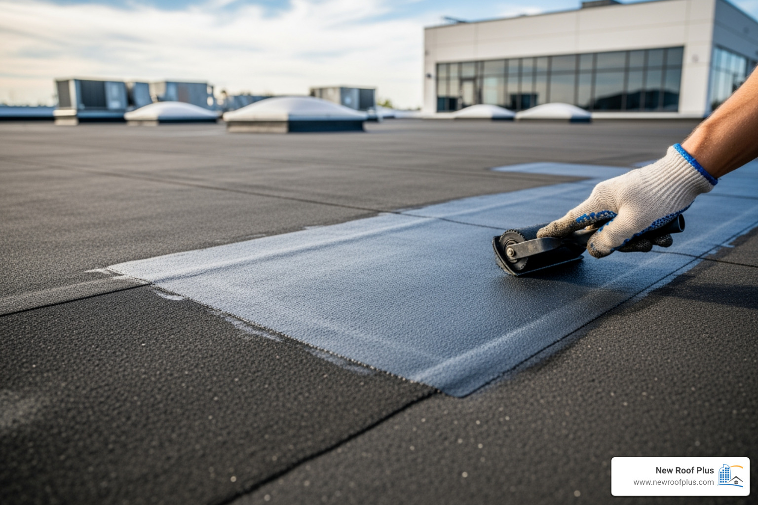 EPDM rubber roof membrane being installed - rubber roof repair company