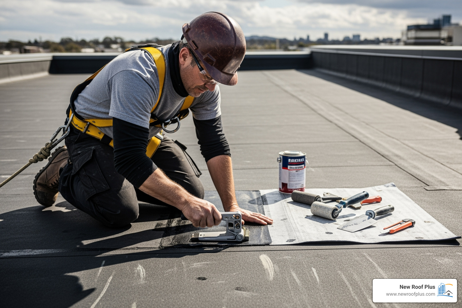 Roofer professionally applying a patch to an EPDM roof - rubber roof repair company