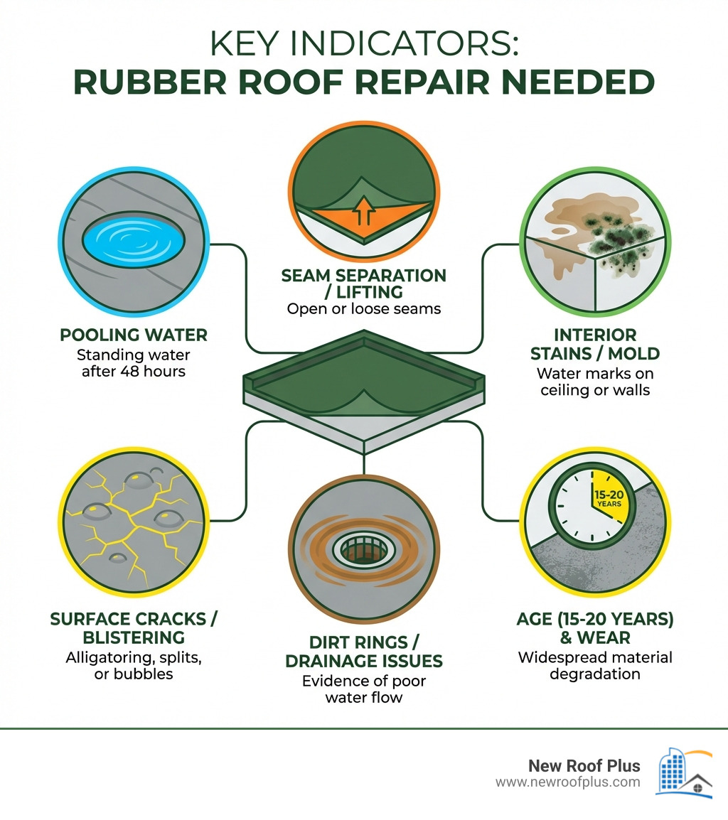 Infographic showing key indicators that your rubber roof needs repair: pooling water on the surface, visible seam separation or lifting, interior water stains or mold growth, surface cracks or blistering, dirt rings indicating drainage issues, and age over 15-20 years with widespread wear - rubber roof repair company infographic 