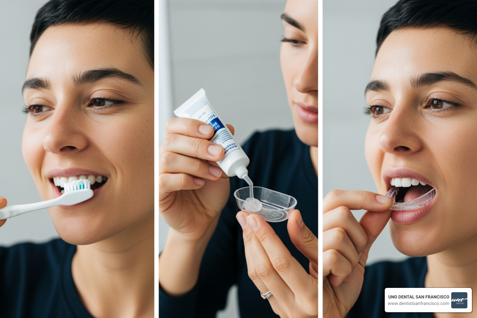 step-by-step application process: brushing, applying gel, inserting tray - fluoride trays overnight step-by-step application process: brushing, applying gel, inserting tray - fluoride trays overnight