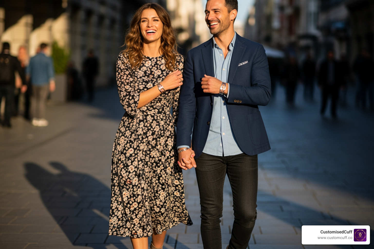 A stylish couple wearing CustomisedCuff matching bracelets, smiling and holding hands - matching relationship bracelets A stylish couple wearing CustomisedCuff matching bracelets, smiling and holding hands - matching relationship bracelets