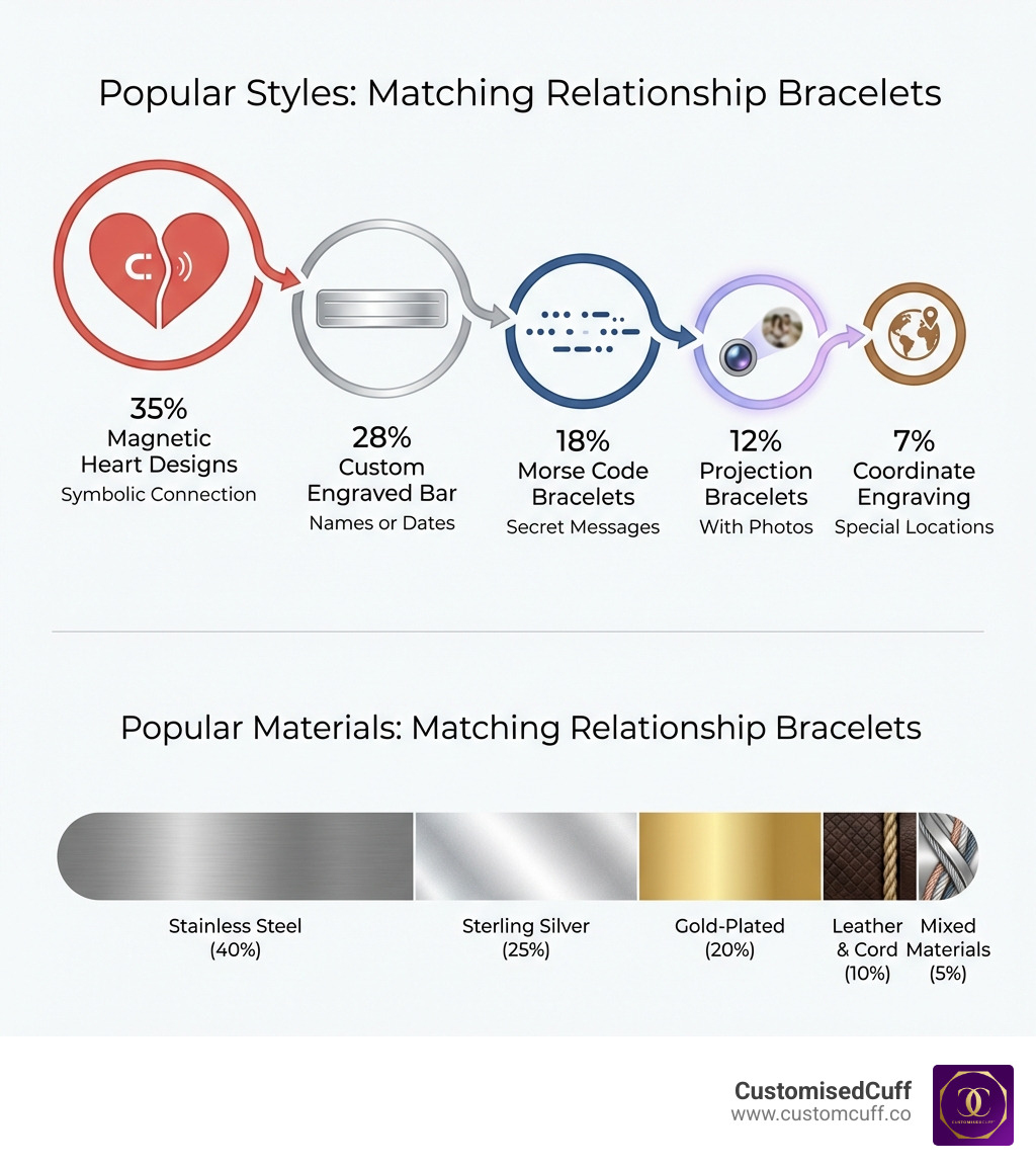 Infographic showing the popularity of matching relationship bracelets by style: 35% choose magnetic heart designs for symbolic connection, 28% prefer custom engraved bar bracelets with names or dates, 18% select Morse code bracelets for secret messages, 12% opt for projection bracelets with photos, and 7% choose coordinate engraving for special locations. The graphic also displays popular materials: stainless steel (40%), sterling silver (25%), gold-plated (20%), leather and cord (10%), and mixed materials (5%). - matching relationship bracelets infographic Infographic showing the popularity of matching relationship bracelets by style: 35% choose magnetic heart designs for symbolic connection, 28% prefer custom engraved bar bracelets with names or dates, 18% select Morse code bracelets for secret messages, 12% opt for projection bracelets with photos, and 7% choose coordinate engraving for special locations. The graphic also displays popular materials: stainless steel (40%), sterling silver (25%), gold-plated (20%), leather and cord (10%), and mixed materials (5%). - matching relationship bracelets infographic