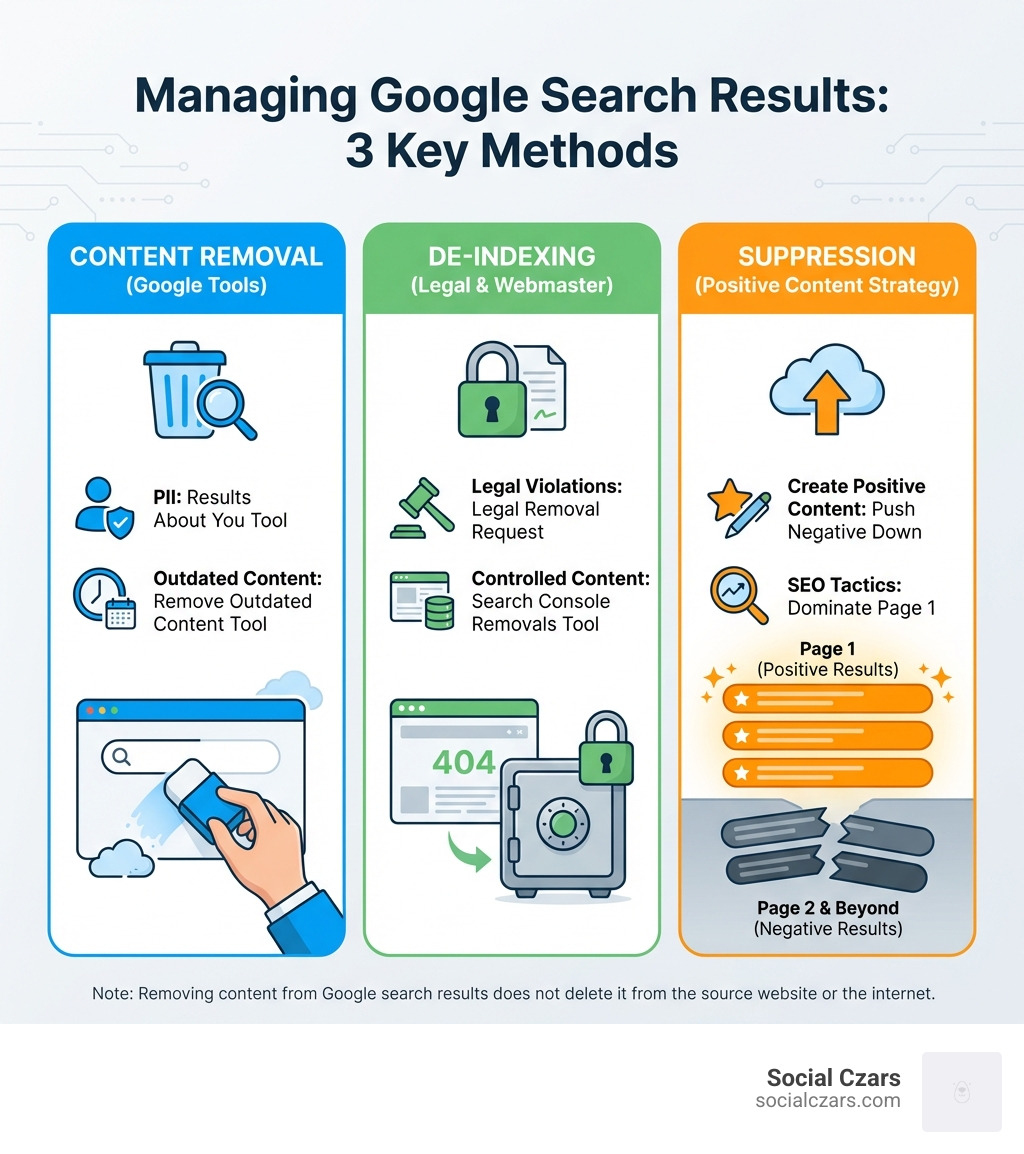 infographic showing three methods to manage search results: content removal using google tools for pii and outdated content, de-indexing through legal requests and webmaster controls, and suppression by creating positive content to push negative results to page two and beyond - how to delete google search results infographic 