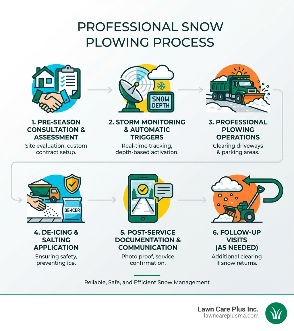 Infographic showing the professional snow plowing process: 1) Pre-season consultation and contract setup with property assessment, 2) Storm monitoring and automatic service triggers based on snowfall depth, 3) Plowing operations with professional equipment clearing driveways and parking areas, 4) De-icing and salting application for safety, 5) Post-service documentation with photos and communication, 6) Follow-up visits if additional snow falls - Snow plowing Belmont MA infographic Infographic showing the professional snow plowing process: 1) Pre-season consultation and contract setup with property assessment, 2) Storm monitoring and automatic service triggers based on snowfall depth, 3) Plowing operations with professional equipment clearing driveways and parking areas, 4) De-icing and salting application for safety, 5) Post-service documentation with photos and communication, 6) Follow-up visits if additional snow falls - Snow plowing Belmont MA infographic