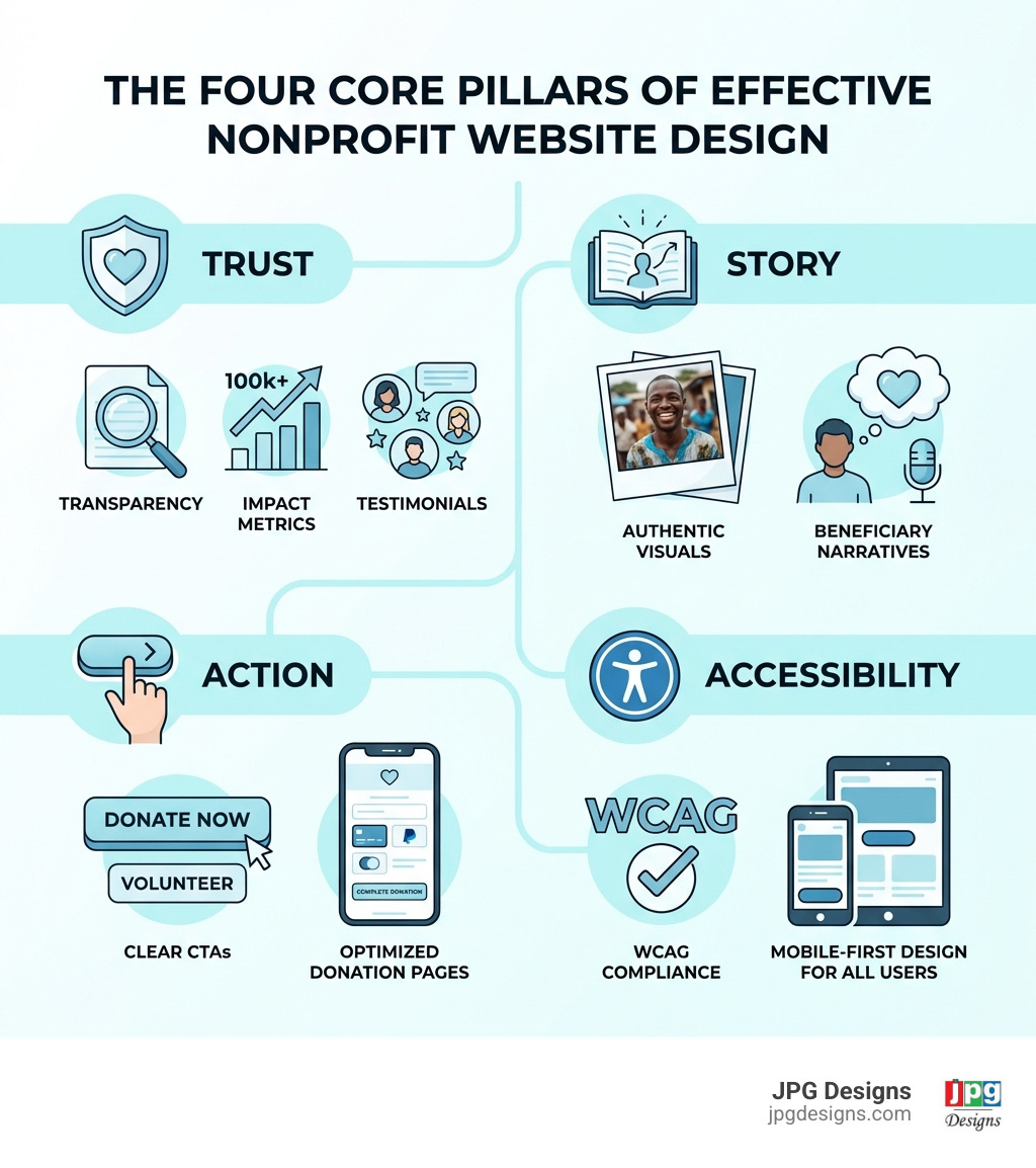 Infographic showing the four core pillars of effective nonprofit website design: Trust (displaying transparency, impact metrics, and testimonials), Story (using authentic visuals and beneficiary narratives), Action (featuring clear CTAs and optimized donation pages), and Accessibility (ensuring WCAG compliance and mobile-first design for all users) - website design for charities infographic Infographic showing the four core pillars of effective nonprofit website design: Trust (displaying transparency, impact metrics, and testimonials), Story (using authentic visuals and beneficiary narratives), Action (featuring clear CTAs and optimized donation pages), and Accessibility (ensuring WCAG compliance and mobile-first design for all users) - website design for charities infographic