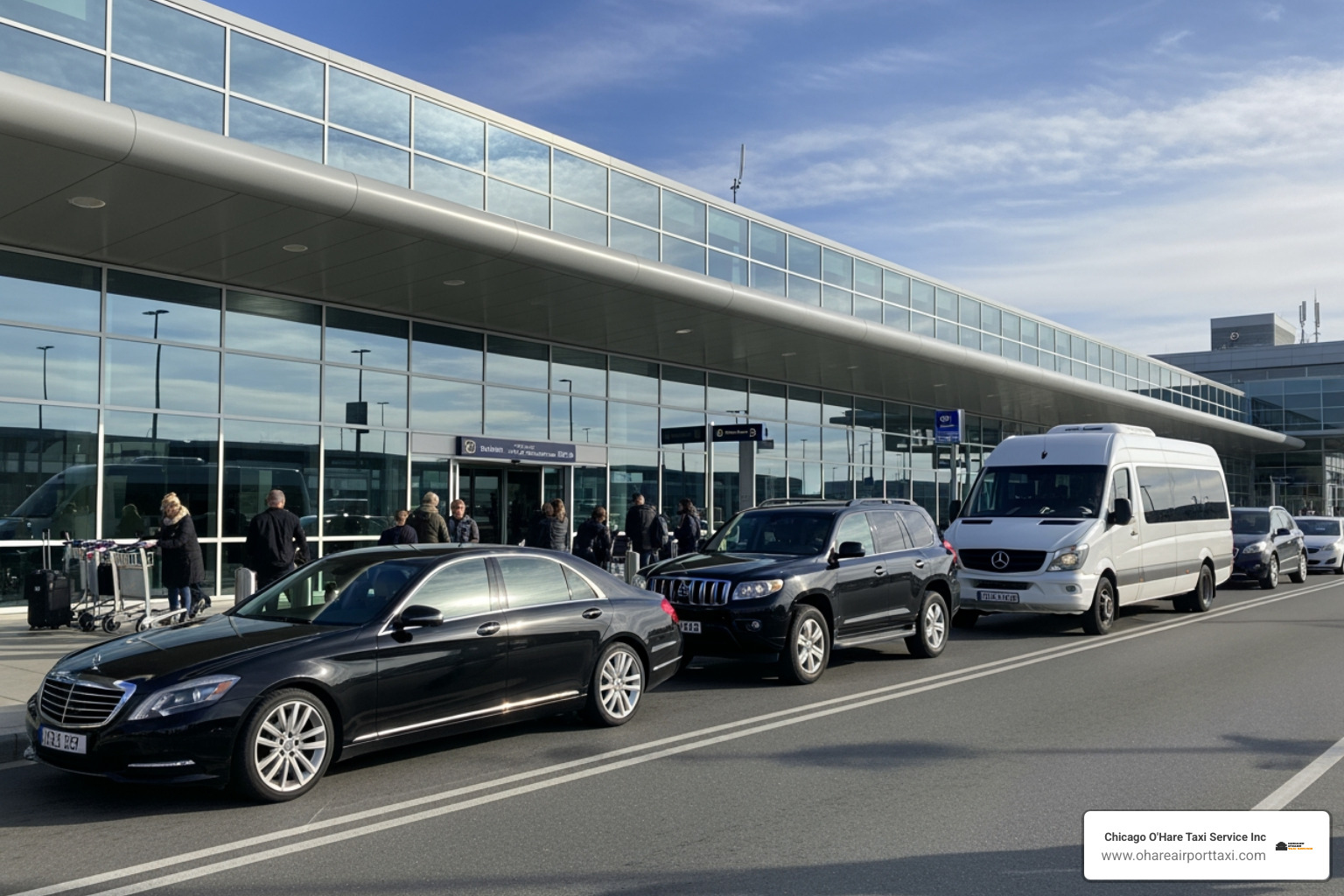 Image of different airport transfer vehicles: a luxury sedan, an SUV, and a 12-seater van lined up - taxi transfer airport