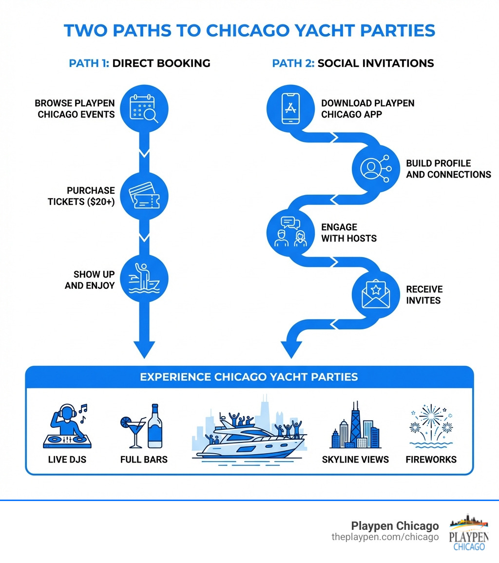 Infographic showing two paths to yacht parties: Path 1 - Direct Booking (Browse Playpen Chicago events, Purchase tickets $20+, Show up and enjoy) vs Path 2 - Social Invitations (Download Playpen Chicago app, Build profile and connections, Engage with hosts, Receive invites). Both paths lead to experiencing Chicago yacht parties with amenities like live DJs, full bars, skyline views, and fireworks. - how to get invited to yacht parties in chicago infographic Infographic showing two paths to yacht parties: Path 1 - Direct Booking (Browse Playpen Chicago events, Purchase tickets $20+, Show up and enjoy) vs Path 2 - Social Invitations (Download Playpen Chicago app, Build profile and connections, Engage with hosts, Receive invites). Both paths lead to experiencing Chicago yacht parties with amenities like live DJs, full bars, skyline views, and fireworks. - how to get invited to yacht parties in chicago infographic
