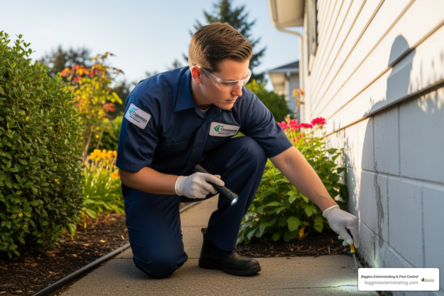 uniformed Biggins Exterminating technician carefully inspecting the foundation of a home - pest management lexington uniformed Biggins Exterminating technician carefully inspecting the foundation of a home - pest management lexington