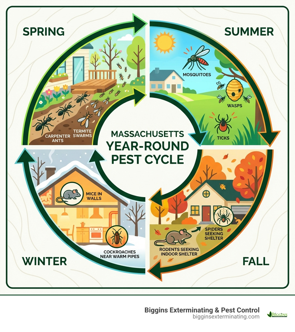 Infographic showing the year-round pest cycle in Massachusetts homes: Spring shows carpenter ants and termite swarms emerging; Summer displays mosquitoes, wasps, and ticks at peak activity; Fall illustrates rodents and spiders seeking indoor shelter; Winter depicts mice in walls and cockroaches near warm pipes, with arrows connecting each season in a continuous cycle - pest management lexington infographic Infographic showing the year-round pest cycle in Massachusetts homes: Spring shows carpenter ants and termite swarms emerging; Summer displays mosquitoes, wasps, and ticks at peak activity; Fall illustrates rodents and spiders seeking indoor shelter; Winter depicts mice in walls and cockroaches near warm pipes, with arrows connecting each season in a continuous cycle - pest management lexington infographic