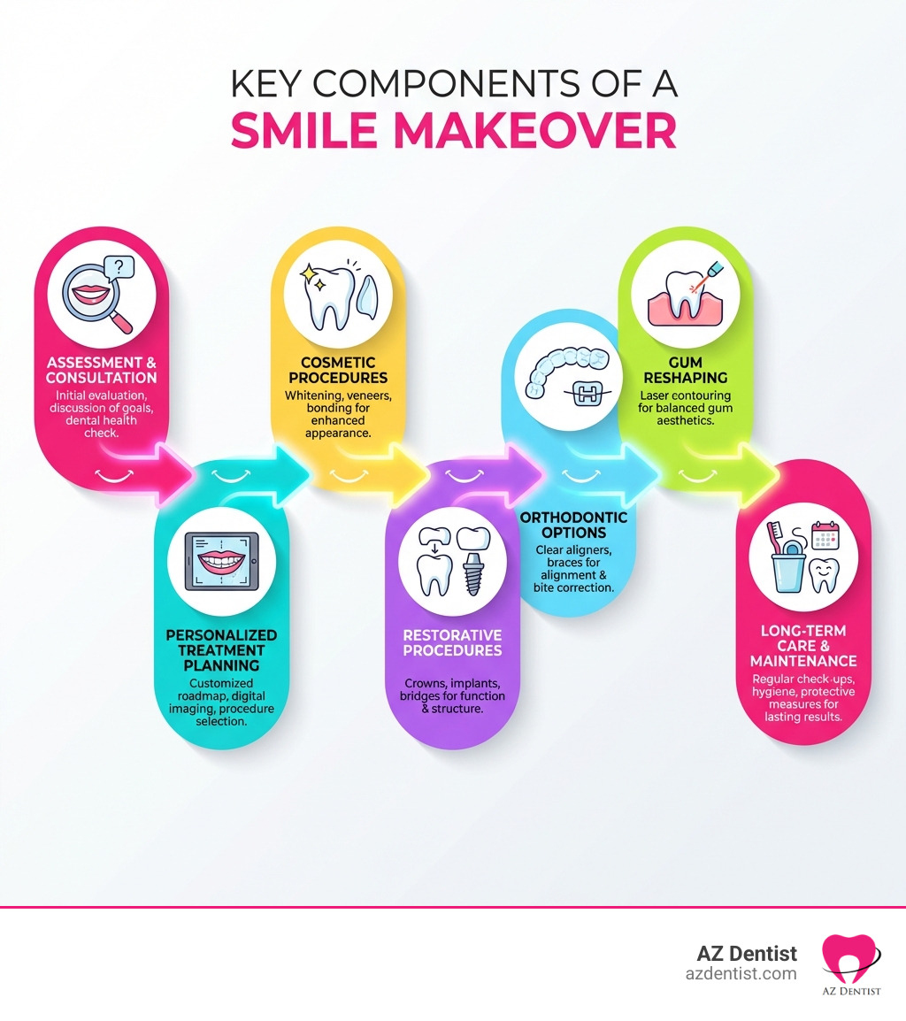 Infographic showing the key components of a smile makeover: assessment and consultation, personalized treatment planning, cosmetic procedures like whitening and veneers, restorative procedures like crowns and implants, orthodontic options, gum reshaping, and long-term care and maintenance - Glendale smile makeover infographic 
