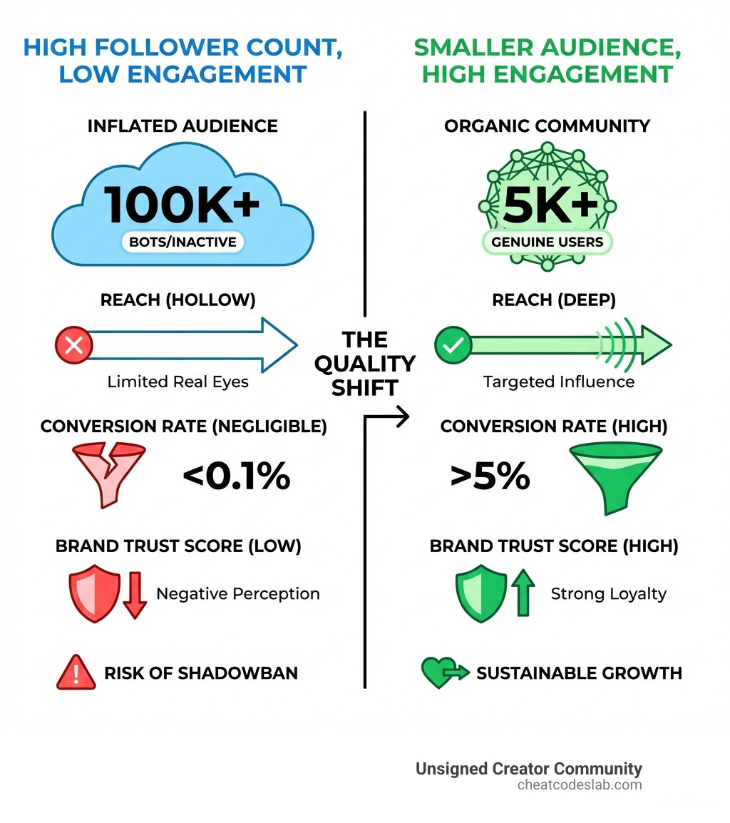 Comparison infographic showing high follower count with low engagement versus smaller audience with high engagement rates, including metrics for reach, conversion rate, and brand trust score - bigtakip com followers infographic 