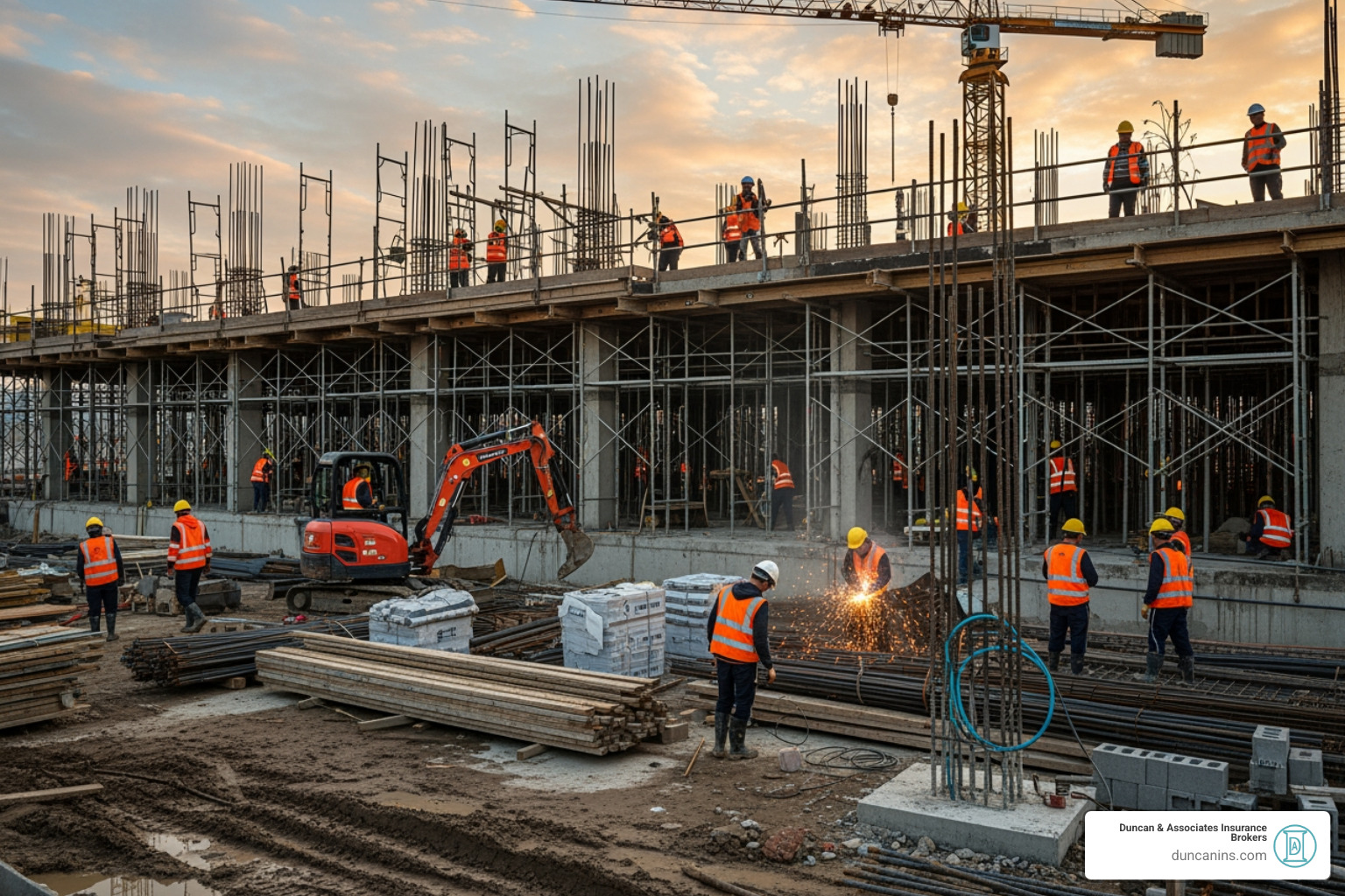 construction site showing various risks like scaffolding, tools, and workers - fully insured contractor construction site showing various risks like scaffolding, tools, and workers - fully insured contractor