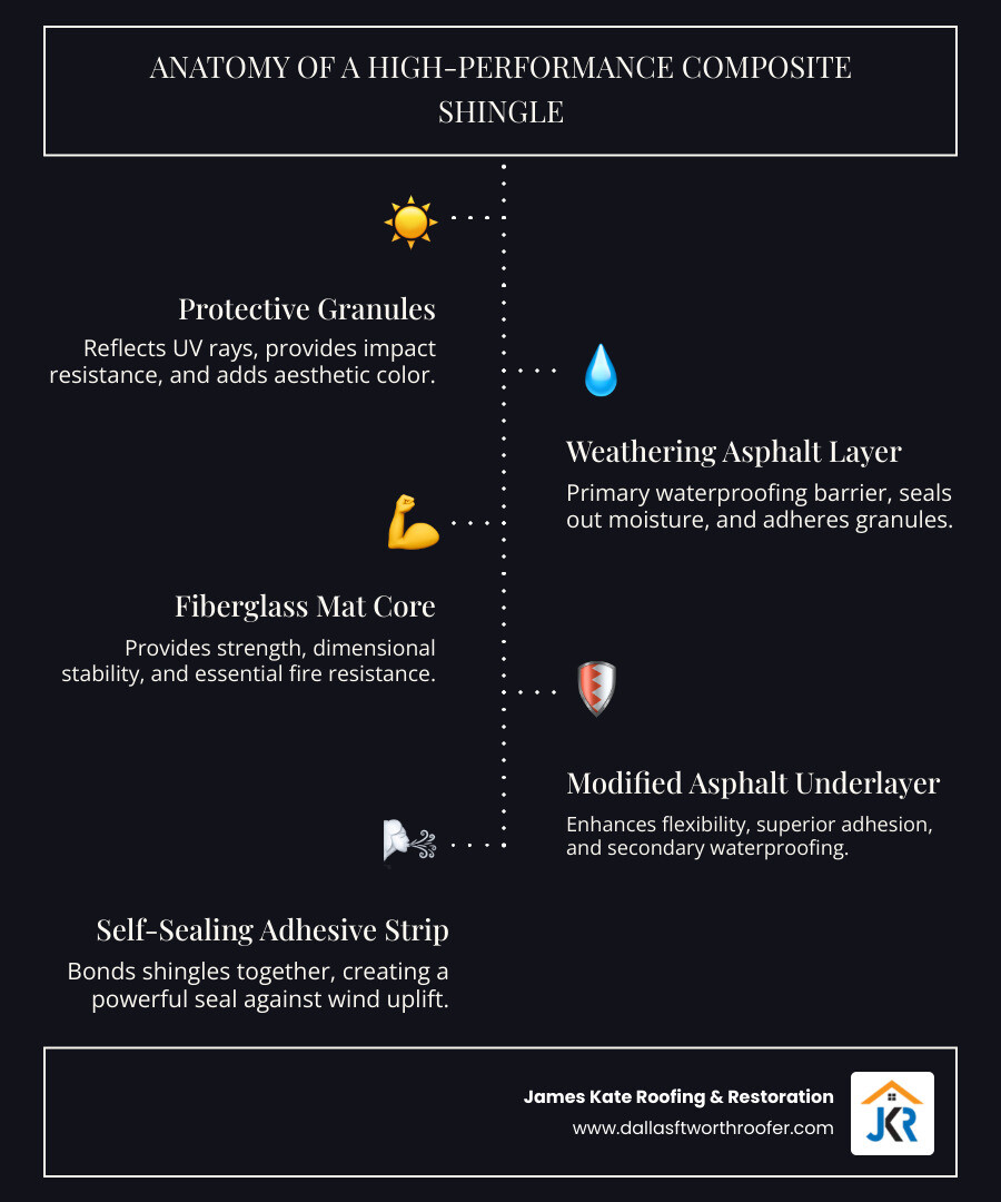 Infographic showing the layered construction of a modern composite shingle, including the top protective granules layer, asphalt coating, fiberglass mat core, and bottom adhesive strip, with labels for UV resistance, impact protection, and waterproofing - best composite roof shingles infographic infographic-line-5-steps-dark Infographic showing the layered construction of a modern composite shingle, including the top protective granules layer, asphalt coating, fiberglass mat core, and bottom adhesive strip, with labels for UV resistance, impact protection, and waterproofing - best composite roof shingles infographic infographic-line-5-steps-dark