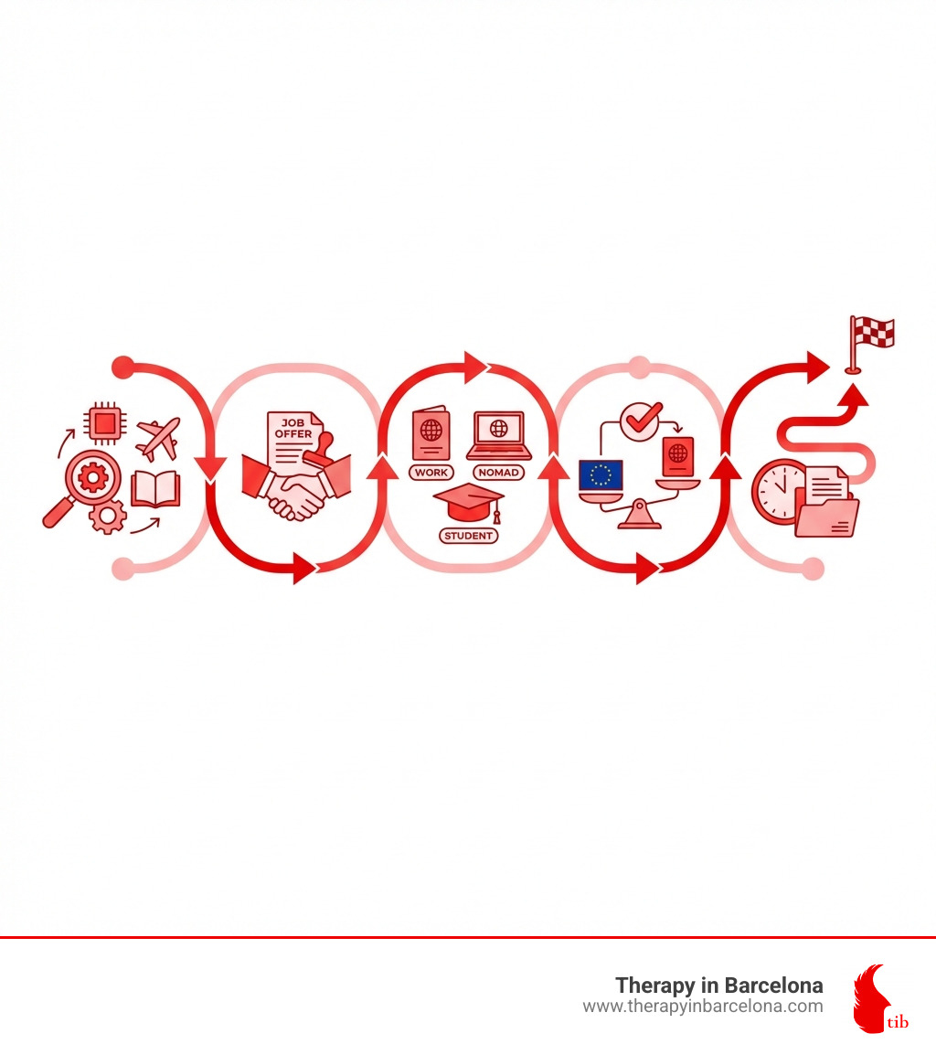 infographic showing the 5 key steps to getting a job in spain as an american - spain jobs for americans infographic infographic showing the 5 key steps to getting a job in spain as an american - spain jobs for americans infographic