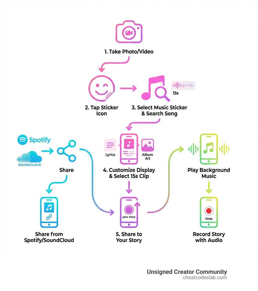 Step-by-step infographic showing the three main methods to add music to Instagram Stories: 1) Open Instagram Stories camera and take photo/video, 2) Tap sticker icon and select Music sticker, 3) Search or browse for song and select 15-second clip, 4) Customize display style with lyrics or album art, 5) Share to your story. Alternative paths shown for sharing from Spotify/SoundCloud and recording with background audio - add song in instagram story infographic 