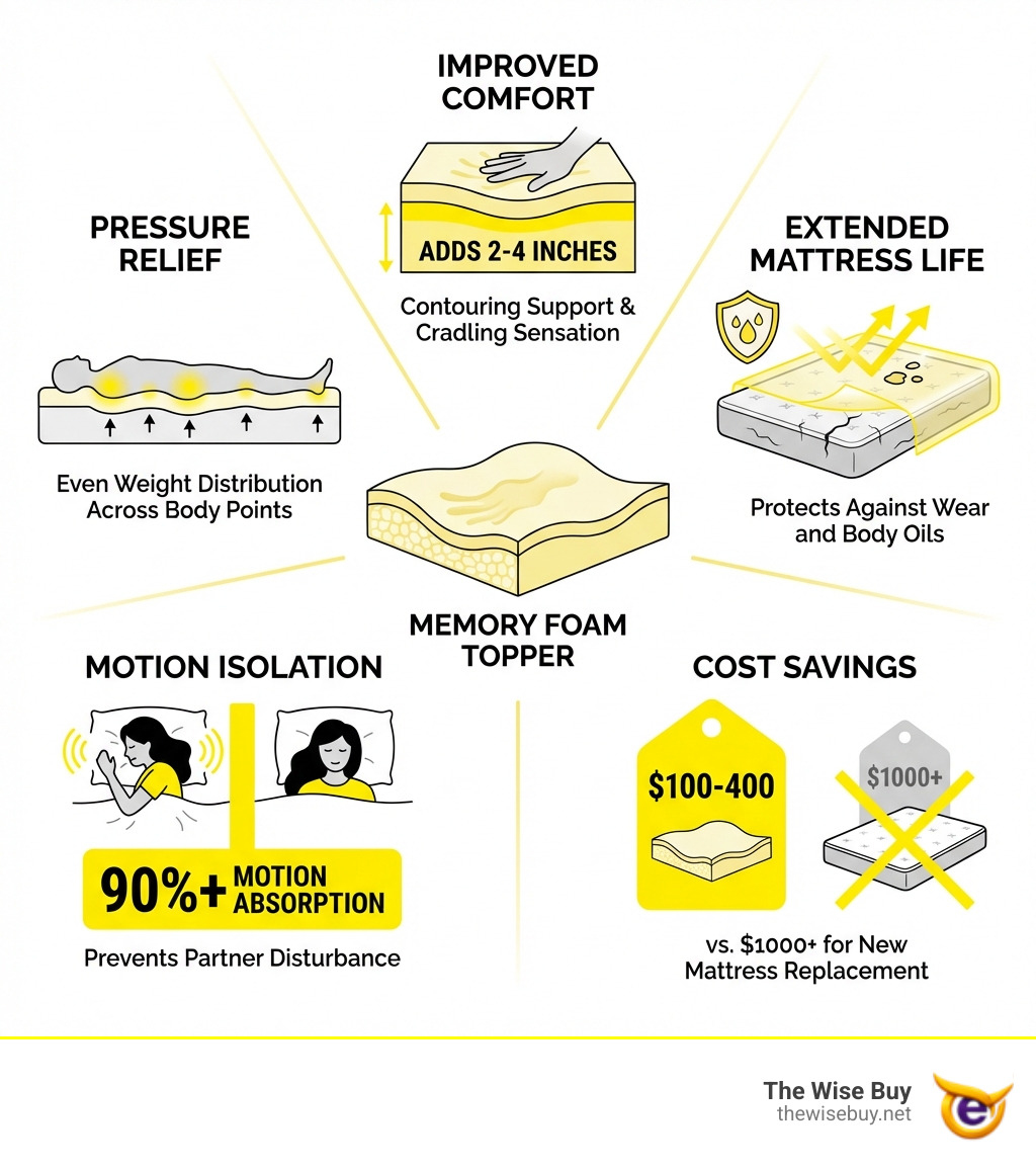 Infographic showing memory foam topper benefits: pressure relief through even weight distribution across body contact points, motion isolation preventing partner disturbance with 90%+ motion absorption, improved comfort by adding 2-4 inches of contouring support, extended mattress life by protecting against wear and body oils, and cost savings of $100-400 versus $1000+ for new mattress replacement - memory foam toppers infographic 
