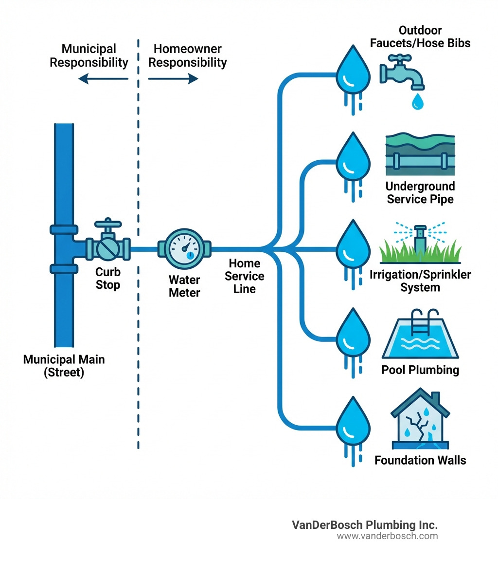 infographic showing the path of water from the municipal main in the street, through the curb stop and water meter, into the home's service line, and branching to common outdoor leak points including outdoor faucets/hose bibs, underground service pipes, irrigation/sprinkler systems, pool plumbing, and foundation walls, with indicators showing where municipal responsibility ends and homeowner responsibility begins - Outdoor water leak infographic infographic showing the path of water from the municipal main in the street, through the curb stop and water meter, into the home's service line, and branching to common outdoor leak points including outdoor faucets/hose bibs, underground service pipes, irrigation/sprinkler systems, pool plumbing, and foundation walls, with indicators showing where municipal responsibility ends and homeowner responsibility begins - Outdoor water leak infographic
