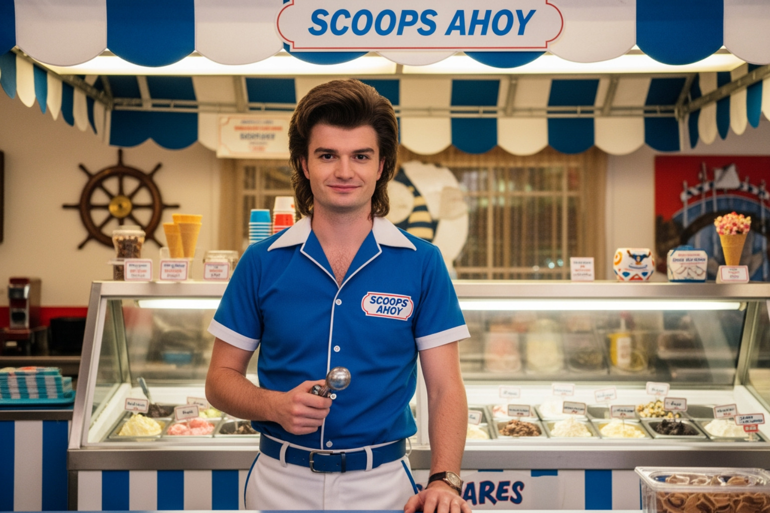 Steve Harrington in his Scoops Ahoy uniform - joe keery Steve Harrington in his Scoops Ahoy uniform - joe keery