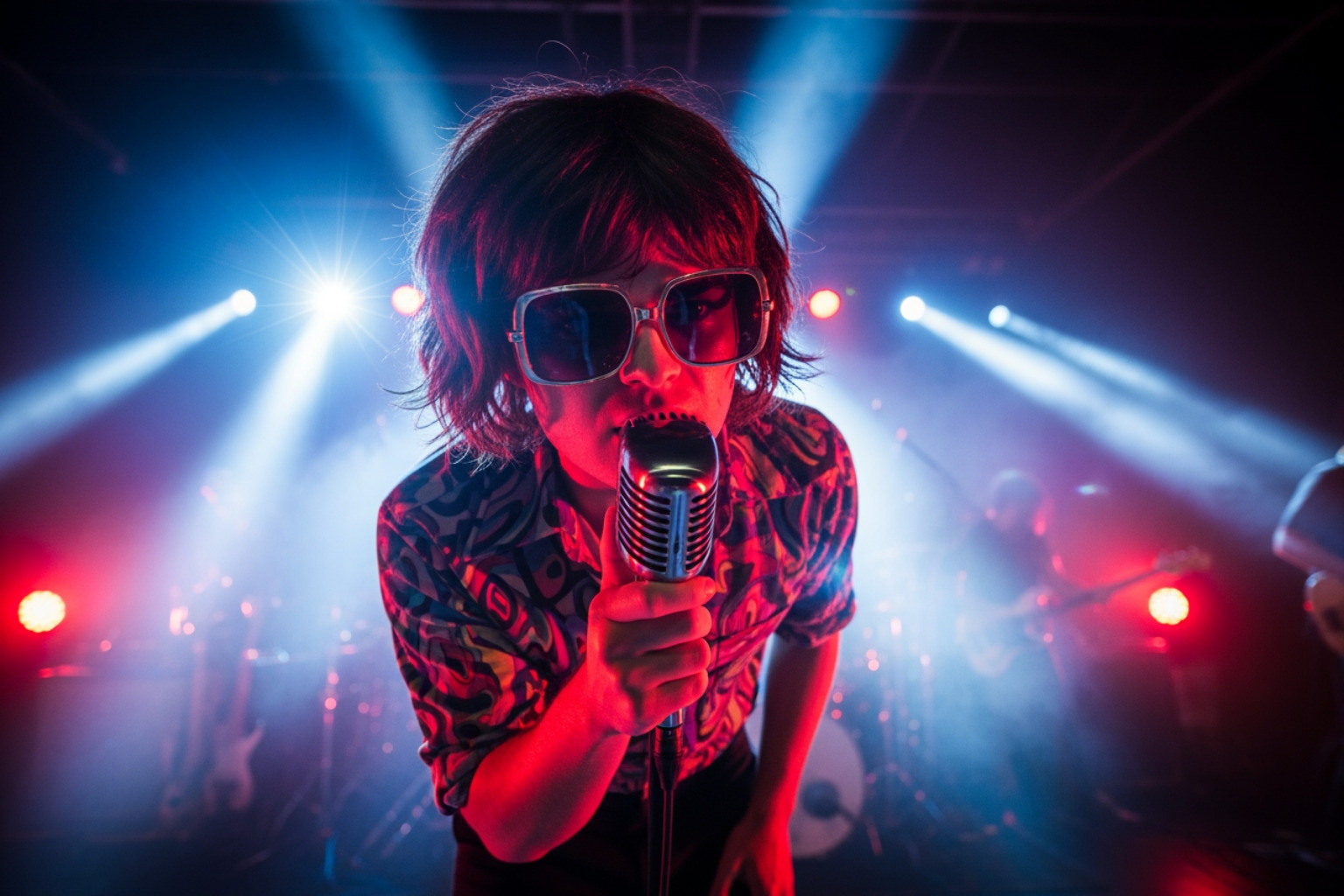 Joe Keery performing on stage as Djo with his signature wig and sunglasses - joe keery Joe Keery performing on stage as Djo with his signature wig and sunglasses - joe keery
