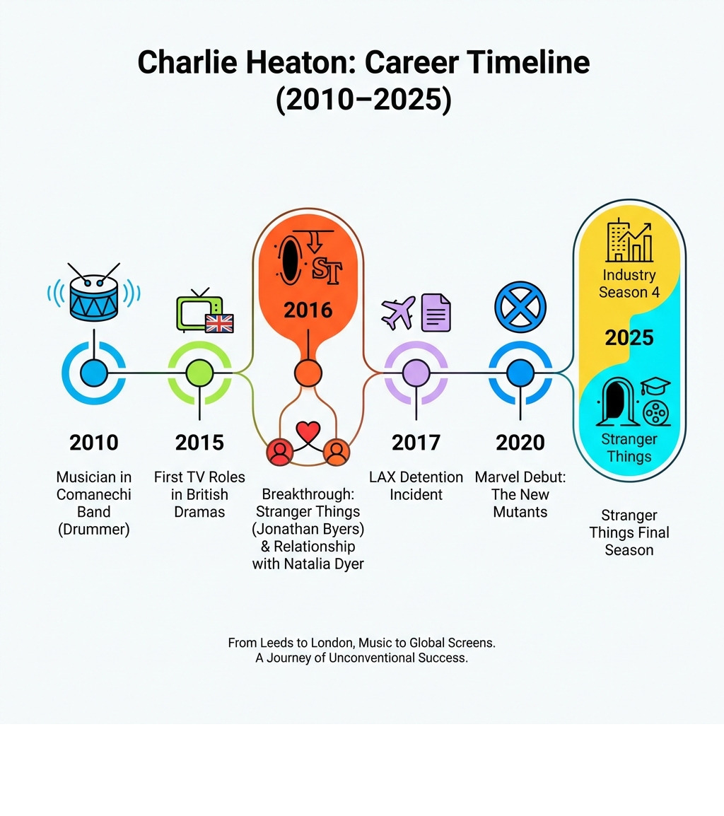 Infographic showing Charlie Heaton's career timeline from 2010 as musician in Comanechi band, 2015 first TV roles in British dramas, 2016 breakthrough with Stranger Things and relationship with Natalia Dyer, 2017 LAX detention incident, 2020 The New Mutants Marvel debut, 2025 Industry Season 4 and Stranger Things final season - charlie heaton infographic 