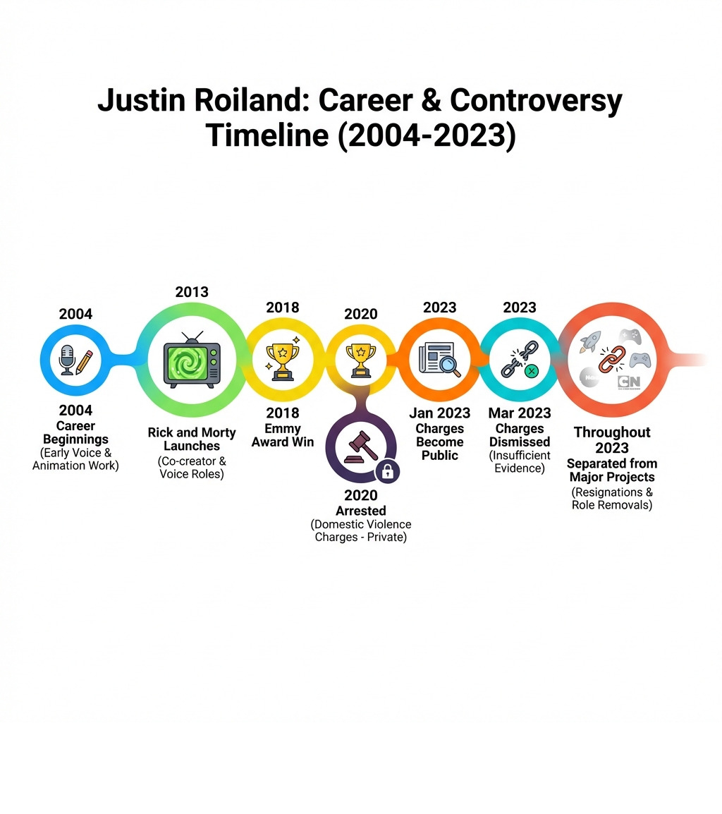 Timeline showing Justin Roiland's career milestones from 2004 to 2023, including the launch of Rick and Morty in 2013, Emmy wins in 2018 and 2020, arrest in 2020, charges becoming public in January 2023, charges dismissed in March 2023, and separation from major projects throughout 2023 -  justin roiland infographic 