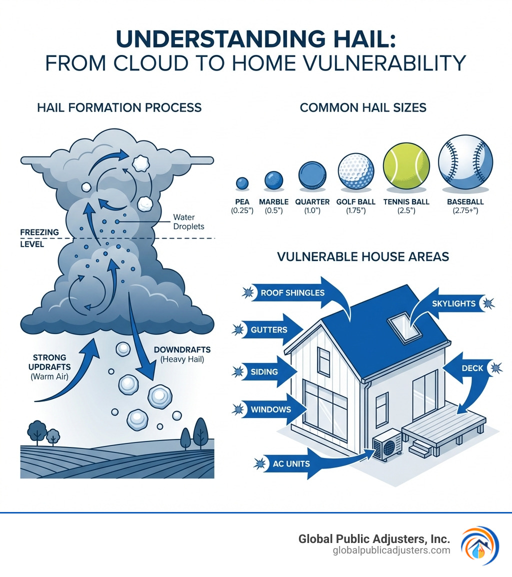 infographic showing hail formation process in storm clouds, common hail sizes from pea to baseball, and labeled diagram of a house indicating vulnerable areas including roof shingles, gutters, siding, windows, skylights, AC units, and deck - hail damage home insurance infographic 