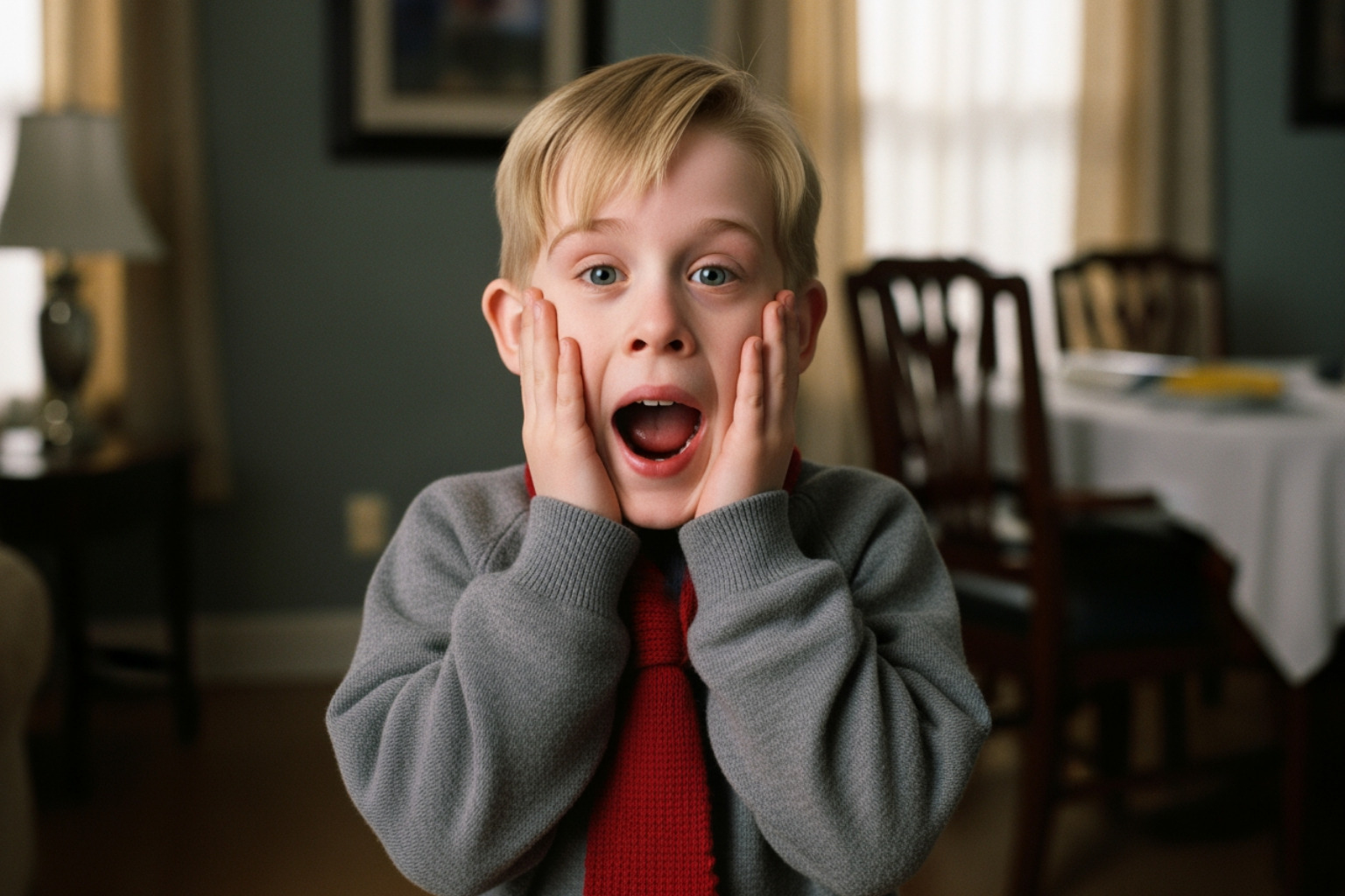 Macaulay Culkin in the iconic "Home Alone" pose - macaulay culkin
