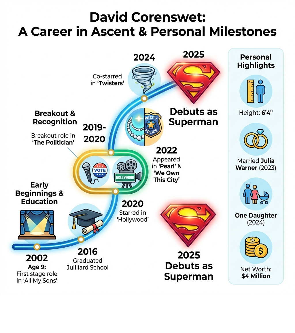 Infographic showing David Corenswet's career timeline: 2002 - First stage role at age 9 in 'All My Sons'; 2016 - Graduated from Juilliard School; 2019-2020 - Breakout role in 'The Politician'; 2020 - Starred in 'Hollywood'; 2022 - Appeared in 'Pearl' and 'We Own This City'; 2024 - Co-starred in 'Twisters'; 2025 - Debuts as Superman; Personal: 6'4
