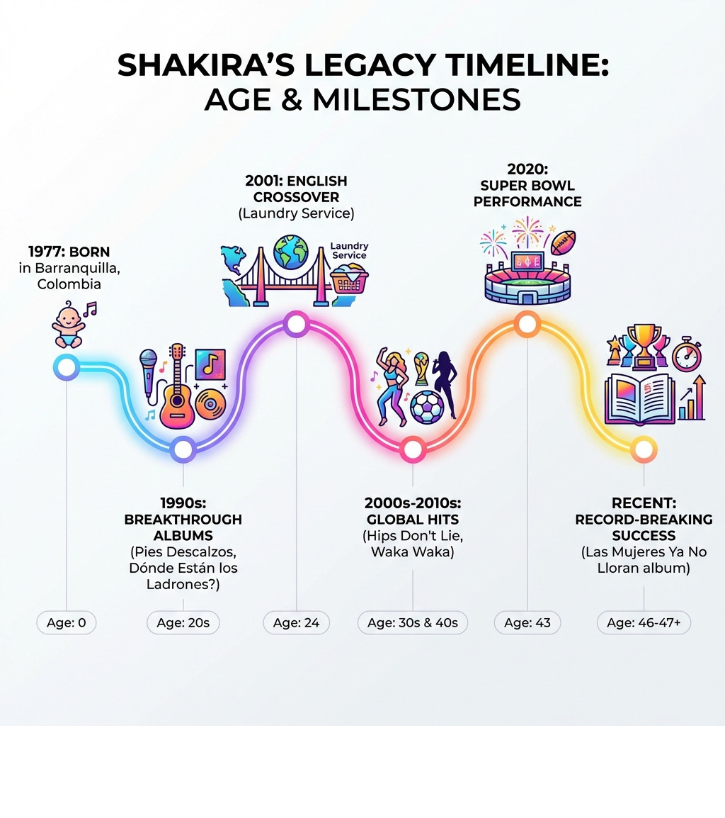 Timeline showing Shakira's major career milestones from birth in 1977 through her breakthrough albums in the 1990s, English crossover in 2001, global hits like Hips Don't Lie and Waka Waka in the 2000s-2010s, Super Bowl performance in 2020, and recent record-breaking success with Las Mujeres Ya No Lloran album - shakira age infographic 