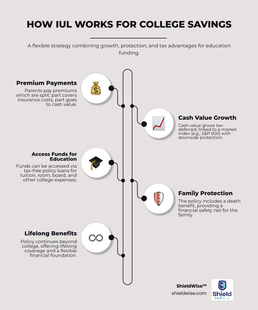 Infographic showing how IUL works for college savings: premium payments split between insurance cost and cash value account, cash value grows based on market index with floor protection, funds accessed via tax-free loans for tuition and expenses, remaining death benefit protects family, and policy continues for life beyond college years - iul policy for children education planning infographic infographic-line-5-steps-elegant_beige