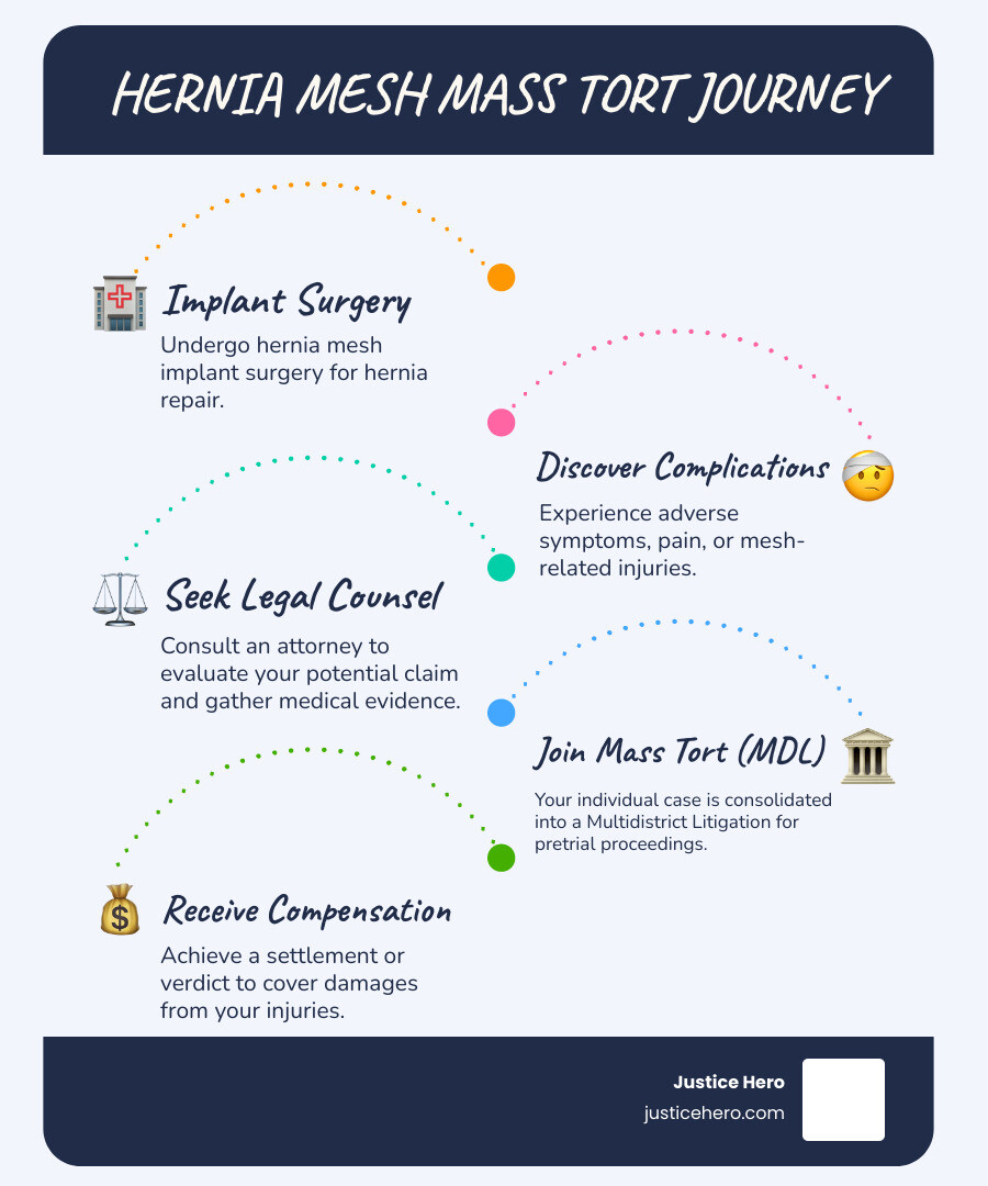 Infographic showing the journey from hernia mesh implant surgery to discovering complications, reporting to FDA, consulting with an attorney, joining an MDL, participating in settlement negotiations or bellwether trials, and receiving compensation - Hernia mesh mass tort infographic infographic-line-5-steps-blues-accent_colors