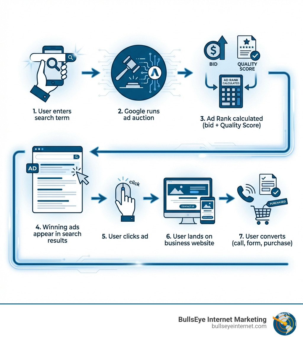 Infographic showing the flow from a user's Google search query to a business's website: User enters search term → Google runs ad auction → Ad Rank calculated (bid + Quality Score) → Winning ads appear in search results → User clicks ad → User lands on business website → User converts (call, form, purchase) - digital marketing google ads infographic User journey flowchart illustrating Google Ads process from search term entry to conversion, featuring ad auction, ad rank calculation, and user interactions leading to business website engagement.