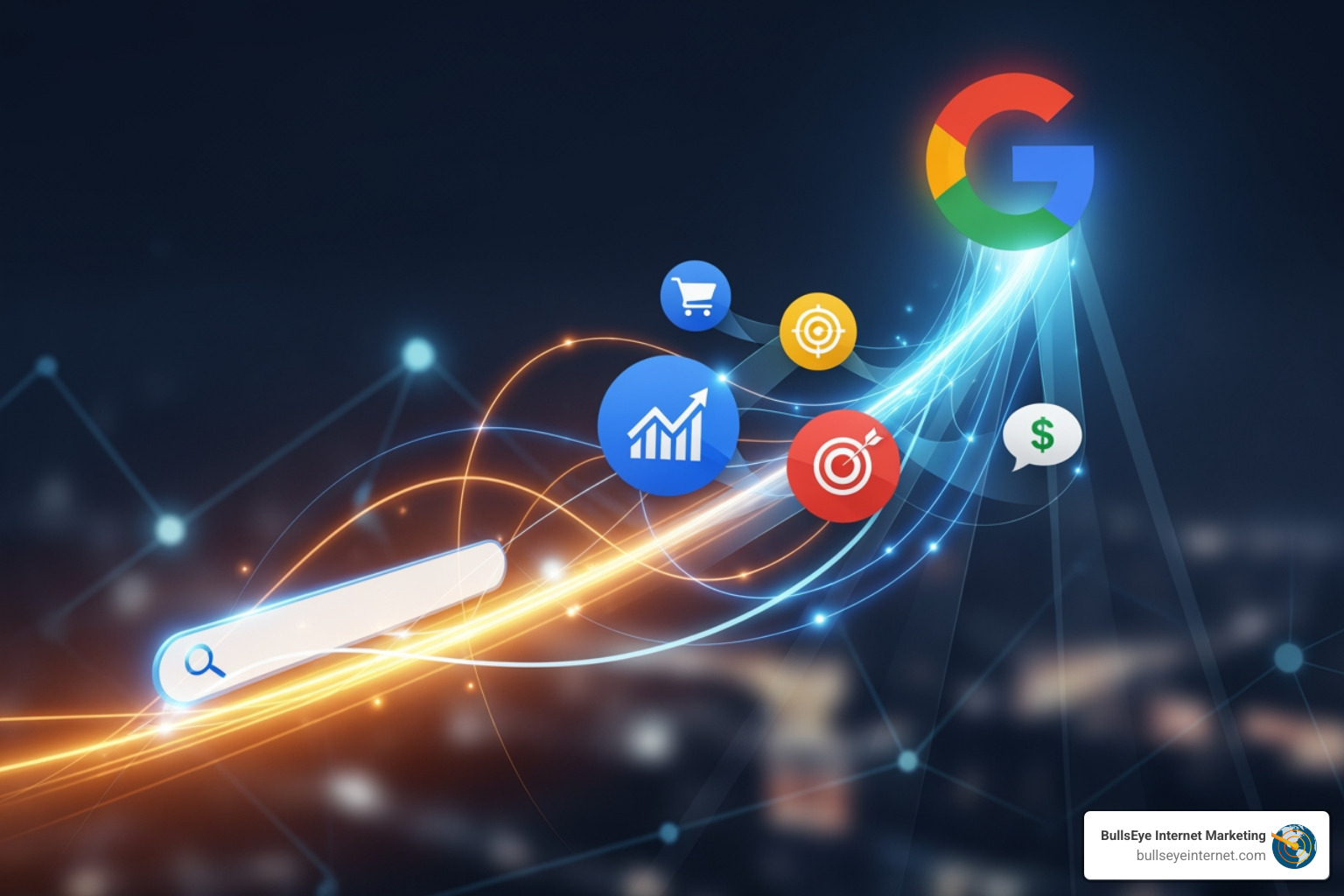 showcasing the different types of Google Ads (Search, Display, Video, Shopping) - digital marketing google ads Digital marketing graphic featuring Google logo, search bar, and icons representing analytics, e-commerce, targeting, and advertising, symbolizing Google Ads integration in digital marketing strategies.