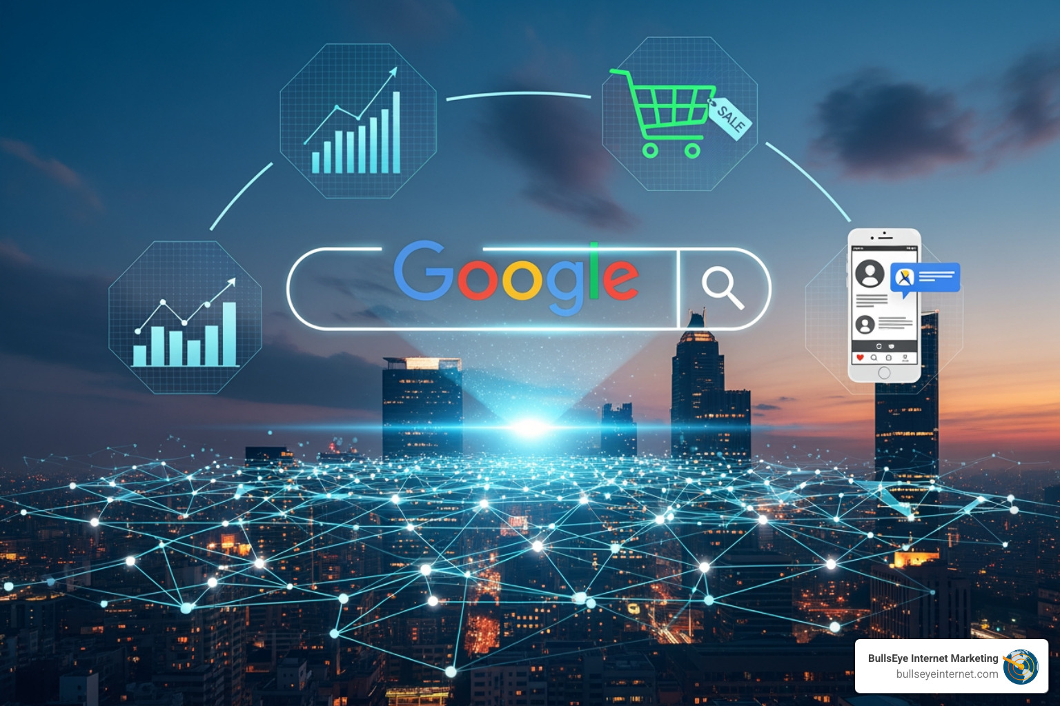 Google Ads campaign setup interface - digital marketing google ads Digital marketing concept with Google search bar, graphs indicating growth, shopping cart icon, and mobile device displaying user engagement, set against a city skyline.