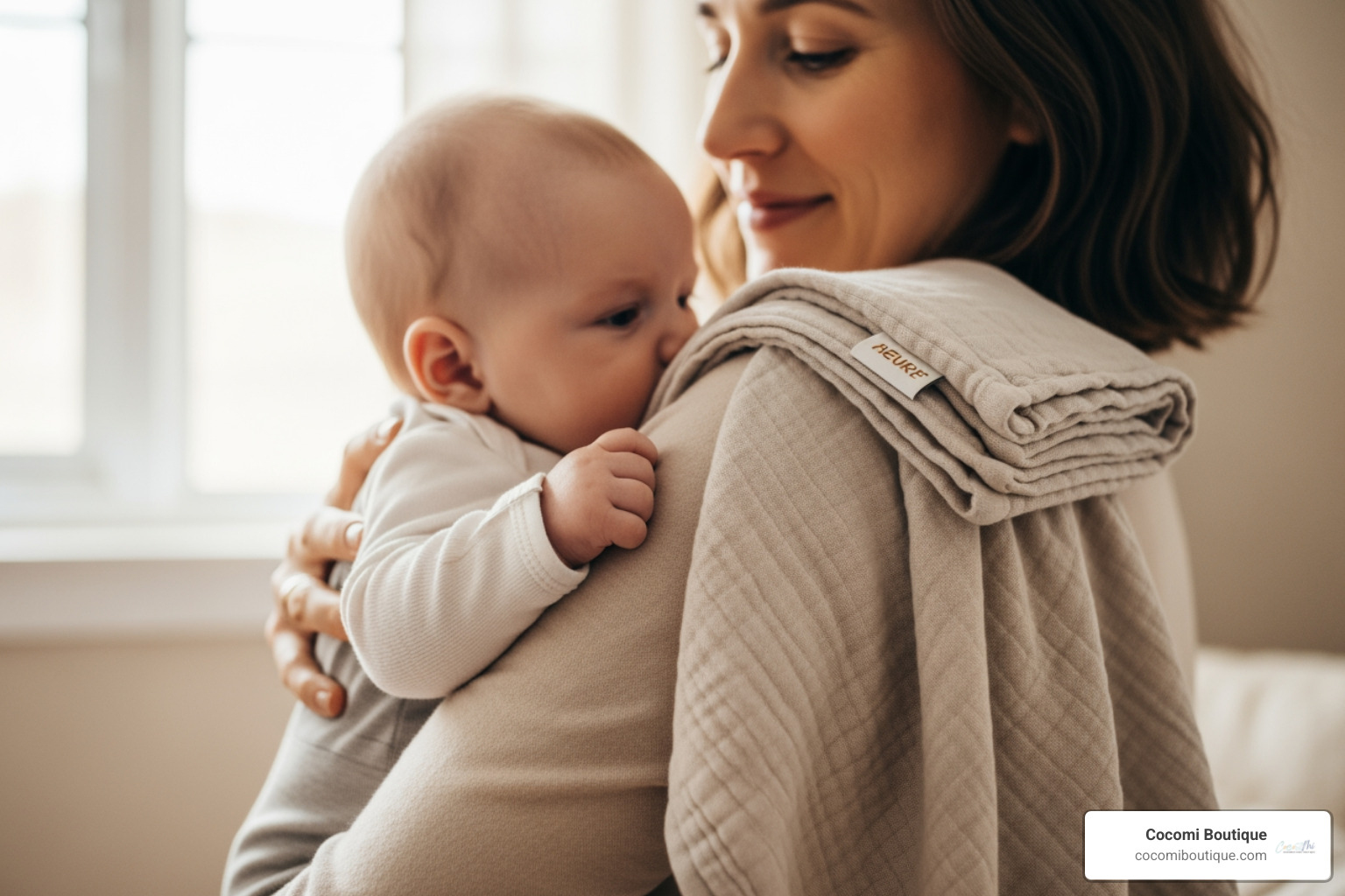 parent burping a baby with a folded muslin blanket on their shoulder - baby feeding muslin blanket