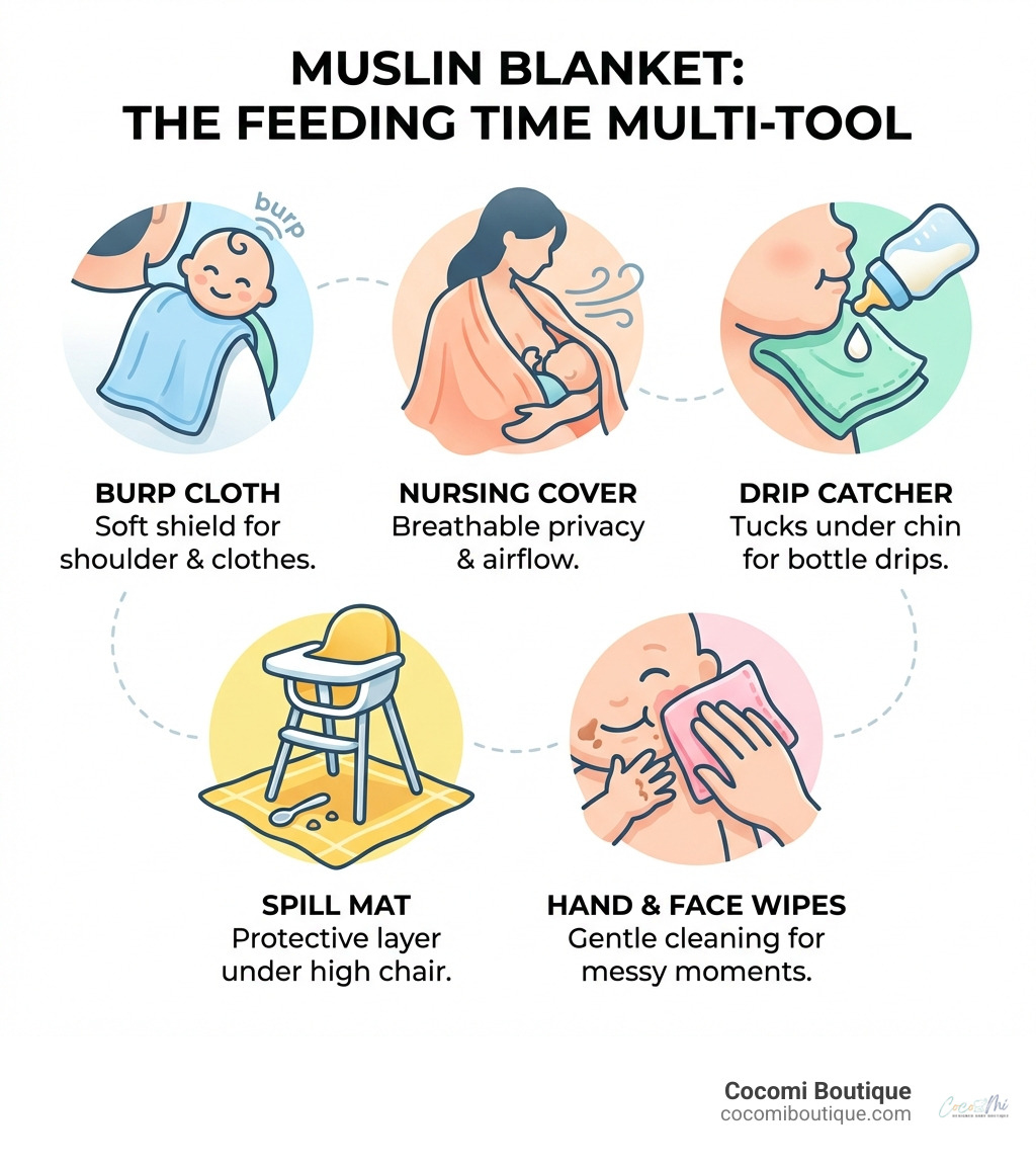 infographic showing multiple uses of a muslin blanket during feeding time, including draped over shoulder as burp cloth, positioned as nursing cover with baby underneath, tucked under baby's chin to catch bottle drips, laid flat as spill mat under high chair, and folded to wipe baby's hands and face - baby feeding muslin blanket infographic 