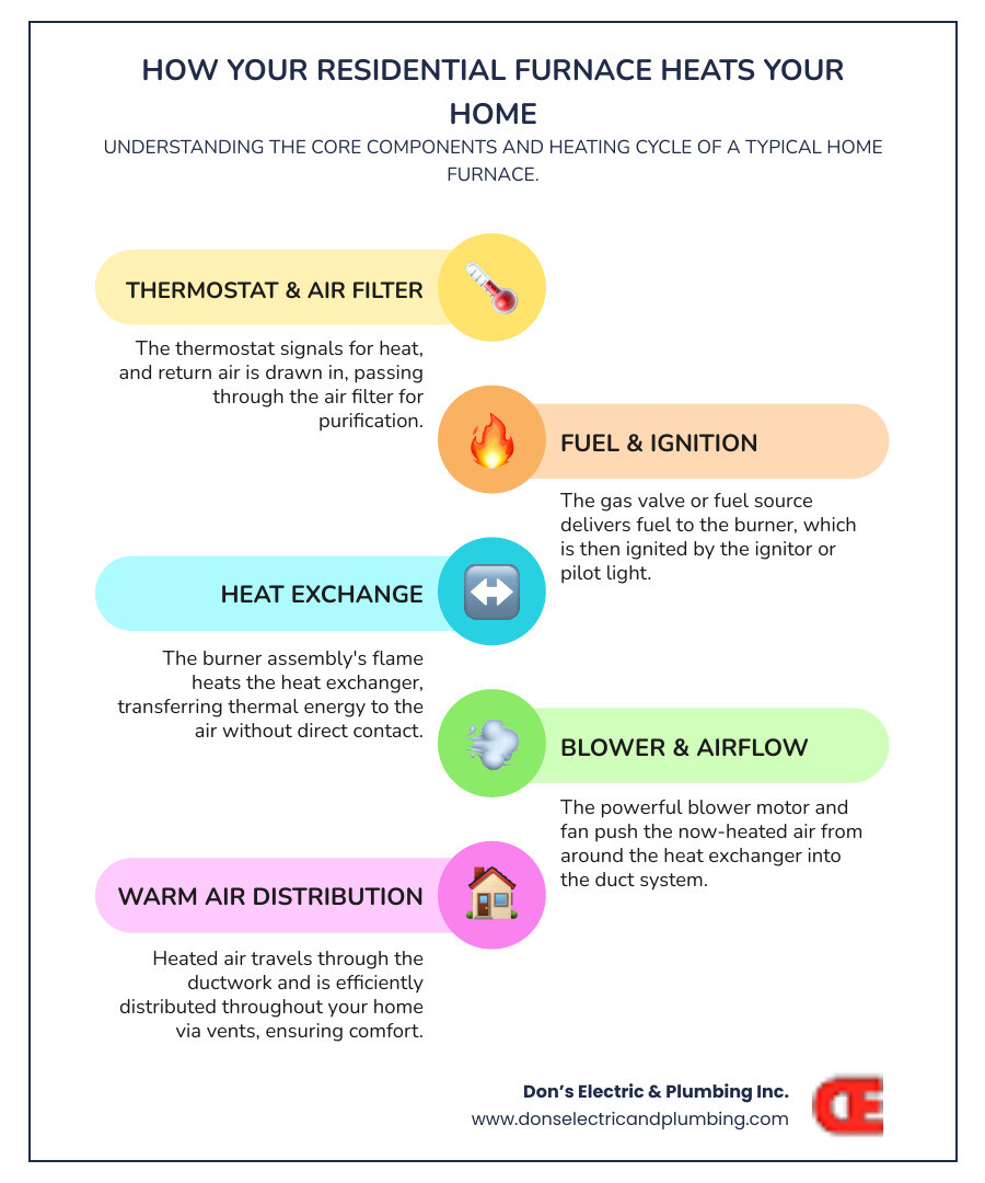 Infographic showing the main components of a residential furnace system including the thermostat, gas valve or fuel source, ignitor or pilot light, burner assembly, heat exchanger, blower motor and fan, air filter, and ductwork with arrows indicating airflow direction through the heating cycle - residential furnace repair in salsbury, ny infographic infographic-line-5-steps-colors Infographic showing the main components of a residential furnace system including the thermostat, gas valve or fuel source, ignitor or pilot light, burner assembly, heat exchanger, blower motor and fan, air filter, and ductwork with arrows indicating airflow direction through the heating cycle - residential furnace repair in salsbury, ny infographic infographic-line-5-steps-colors