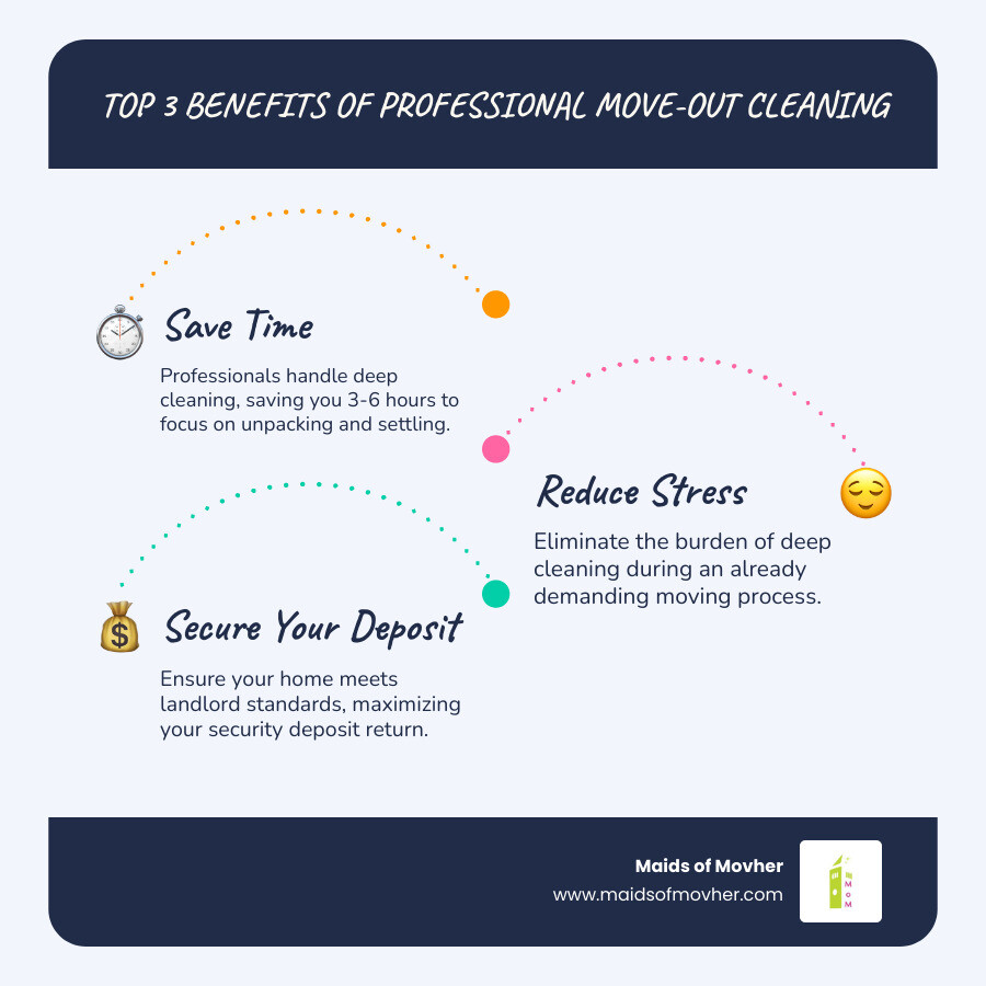 Infographic showing three key benefits of professional move-out cleaning: first panel shows a clock with "Save 3-6 Hours" representing time saved, second panel shows a person relaxing with "Reduce Stress" indicating less moving day anxiety, third panel shows money and keys with "Secure Your Deposit" highlighting the financial benefit of professional cleaning for renters - local move out cleaning services in mead, wa infographic infographic-line-3-steps-blues-accent_colors Infographic showing three key benefits of professional move-out cleaning: first panel shows a clock with "Save 3-6 Hours" representing time saved, second panel shows a person relaxing with "Reduce Stress" indicating less moving day anxiety, third panel shows money and keys with "Secure Your Deposit" highlighting the financial benefit of professional cleaning for renters - local move out cleaning services in mead, wa infographic infographic-line-3-steps-blues-accent_colors