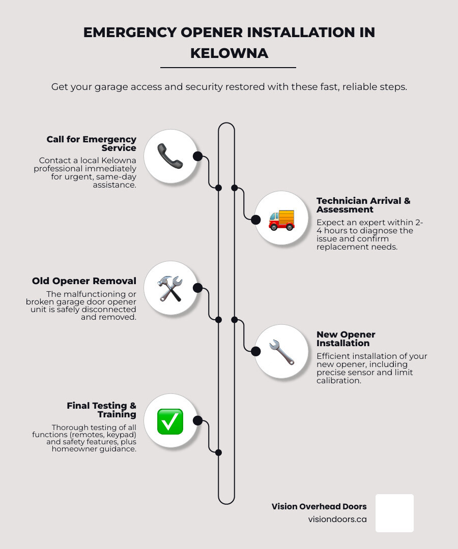 Infographic showing emergency garage door opener installation process: Step 1 - Call for emergency service with phone icon, Step 2 - Technician arrives within 2-4 hours with truck icon, Step 3 - Assessment and old opener removal with inspection icon, Step 4 - New opener installation and calibration with tools icon, Step 5 - Testing and homeowner training with checkmark icon. Timeline shows same-day completion. Includes safety icons for security restoration and professional installation benefits. - emergency garage door opener installation in kelowna, bc infographic infographic-line-5-steps-elegant_beige Emergency garage door opener installation process infographic for Vision Overhead Doors, featuring steps: call for service, technician arrival and assessment, old opener removal, new opener installation, and final testing and training.