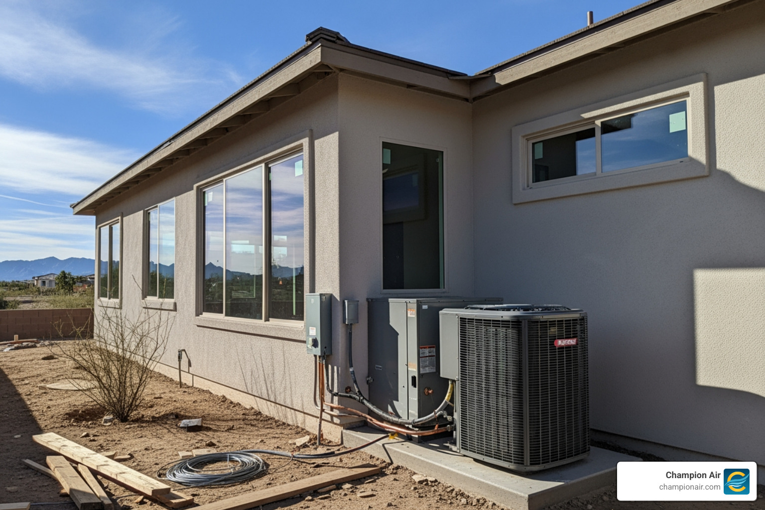infographic showing how adding a 300 square foot room increases total home cooling load by approximately 3600 BTUs per hour in Phoenix climate, with arrows indicating heat gain from walls, windows, ceiling, and occupancy - home addition hvac in phoenix, az