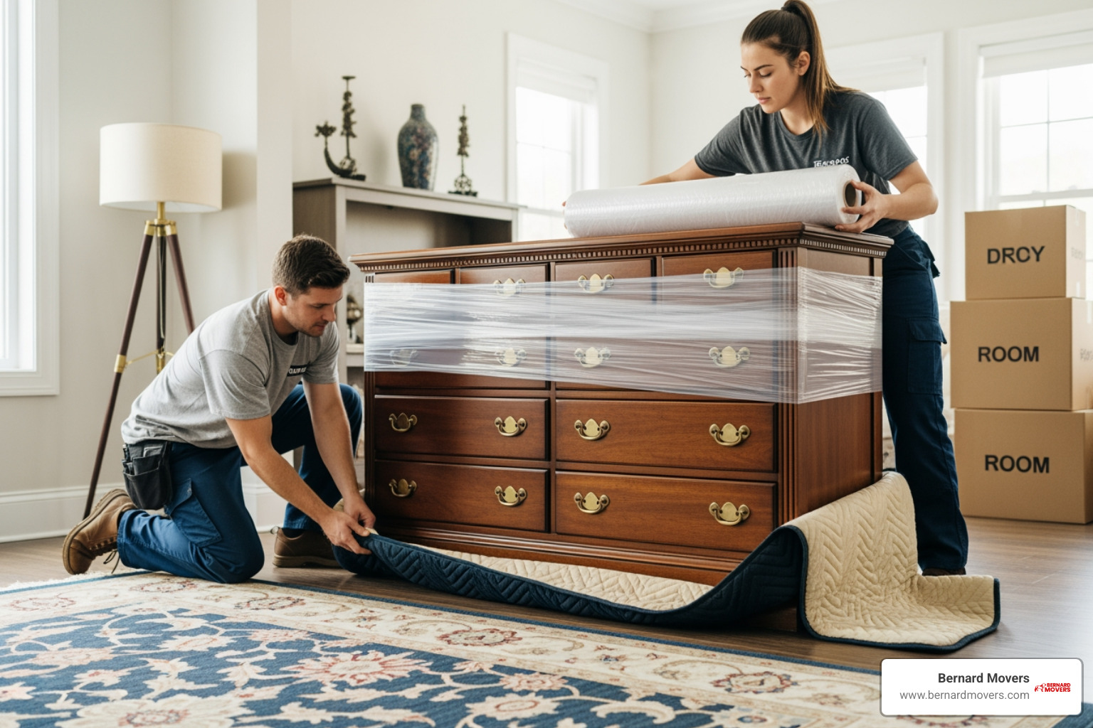 professional movers wrapping a large piece of furniture - Last-minute movers Chicago