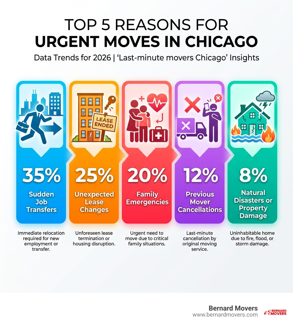 Infographic showing the top 5 reasons for urgent moves in Chicago: 1. Sudden job transfers (35%), 2. Unexpected lease changes (25%), 3. Family emergencies (20%), 4. Previous mover cancellations (12%), 5. Natural disasters or property damage (8%) - Last-minute movers Chicago infographic 
