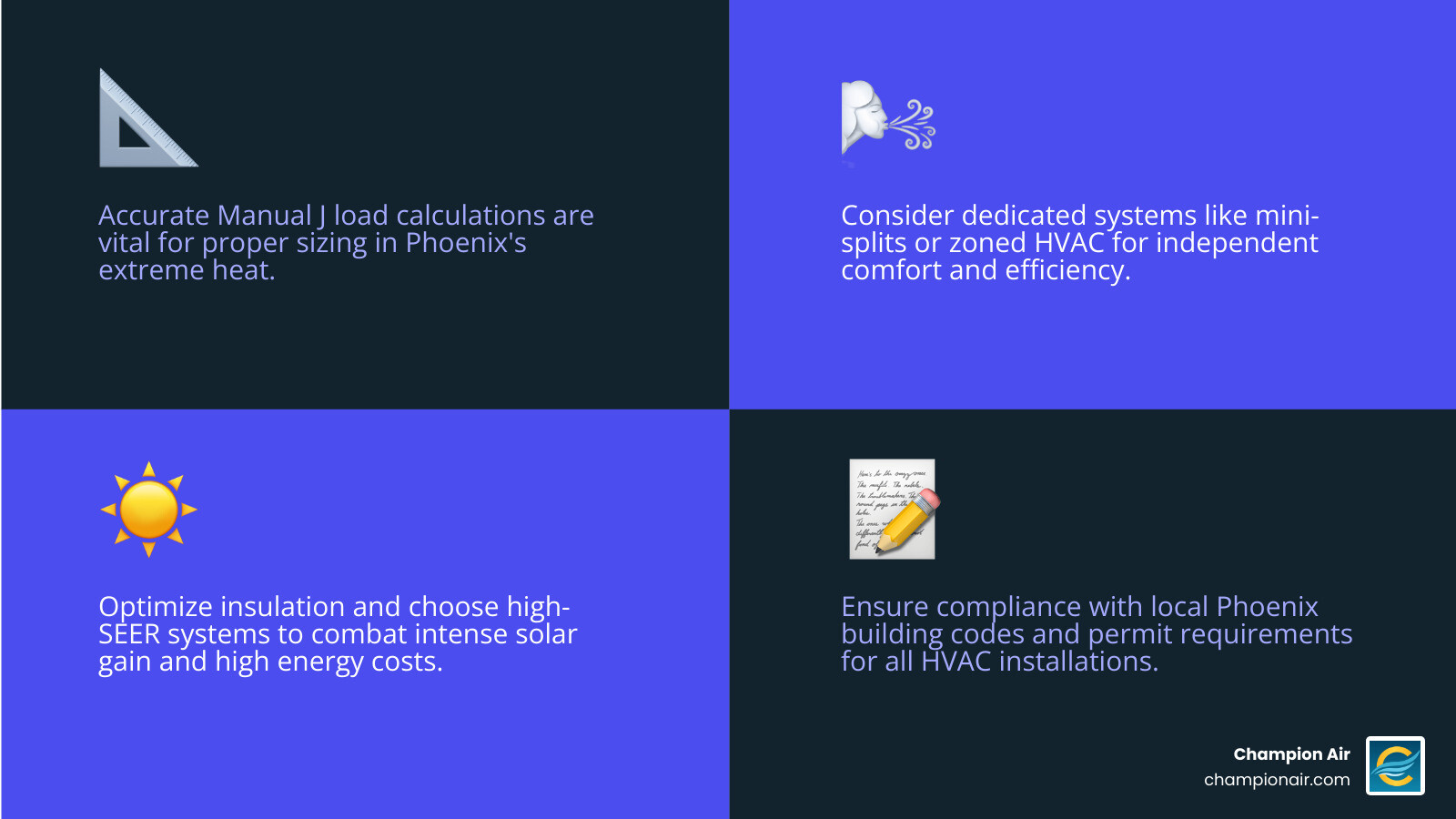 infographic showing key HVAC considerations for Phoenix home additions including load calculations, system options like mini-splits and ductwork extensions, permit requirements, energy efficiency ratings, and local climate factors - home addition hvac company in phoenix, az infographic 4_facts_emoji_blue
