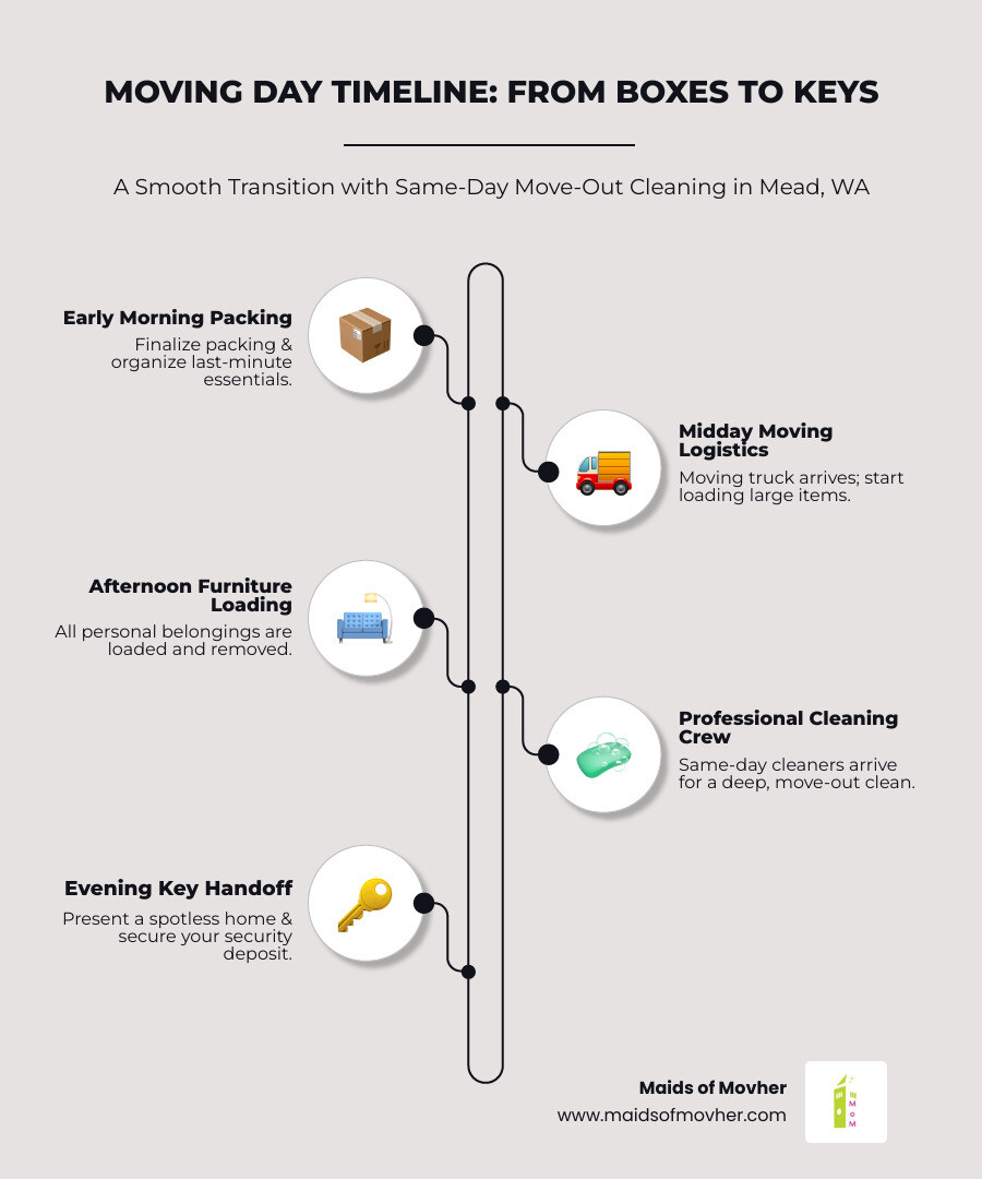 infographic showing a moving day timeline with early morning packing, midday moving truck arrival, afternoon furniture loading, and final step of professional cleaning crew arriving before key handoff in the evening - same day move out cleaning services in mead, wa infographic infographic-line-5-steps-elegant_beige infographic showing a moving day timeline with early morning packing, midday moving truck arrival, afternoon furniture loading, and final step of professional cleaning crew arriving before key handoff in the evening - same day move out cleaning services in mead, wa infographic infographic-line-5-steps-elegant_beige
