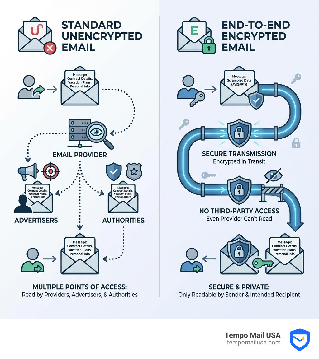Infographic comparing standard unencrypted email versus end-to-end encrypted email, showing how unencrypted messages can be read by providers, advertisers, and authorities at multiple points, while encrypted messages remain scrambled and unreadable to everyone except the sender and intended recipient, with visual representations of encryption keys and secure transmission - secure email address free infographic 